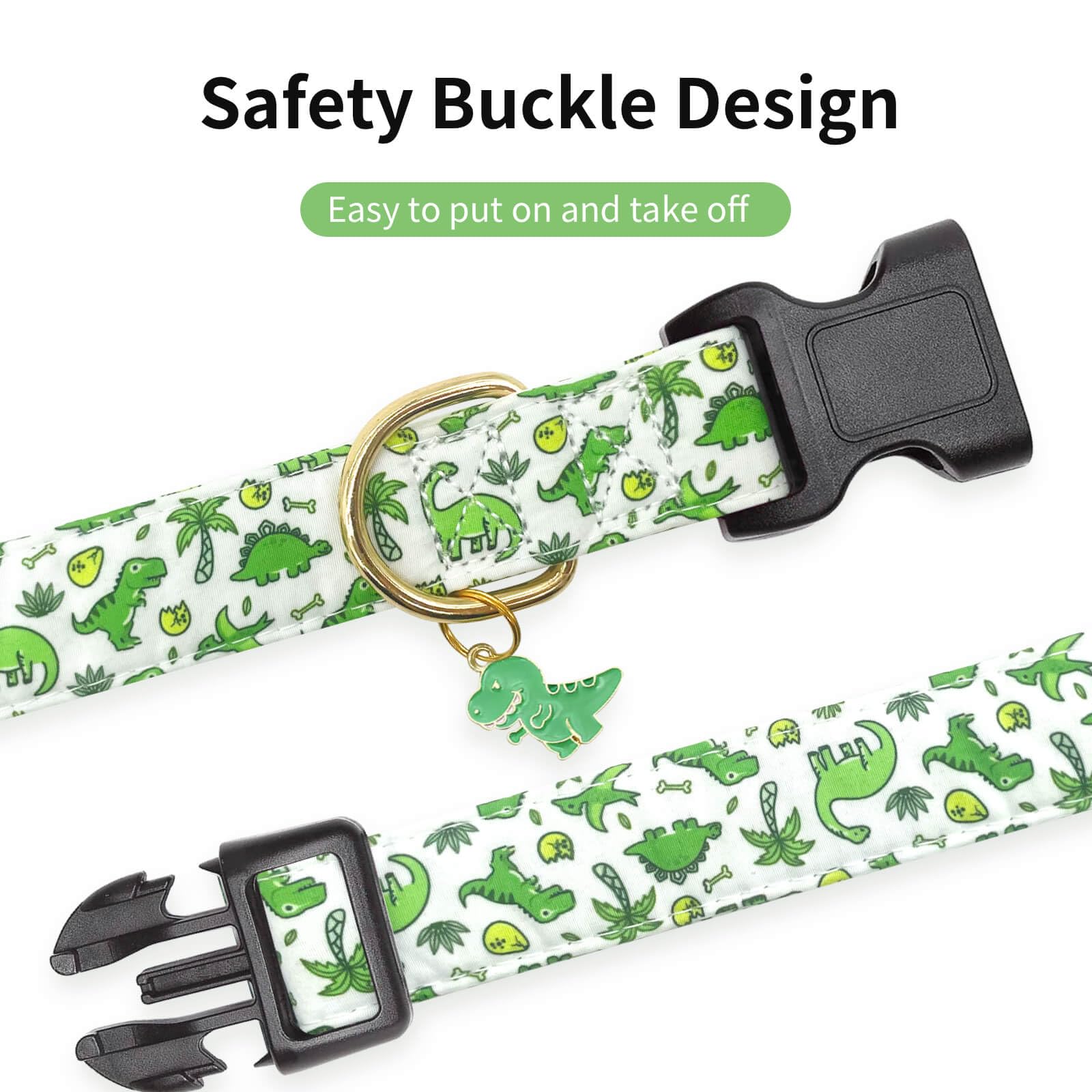 Gelwoo Cotton Dog Collar,Soft and Cute Puppy Collars with Green Dinosaur Patterned Design for Girl Female Boy Dogs,Adjustable Bu