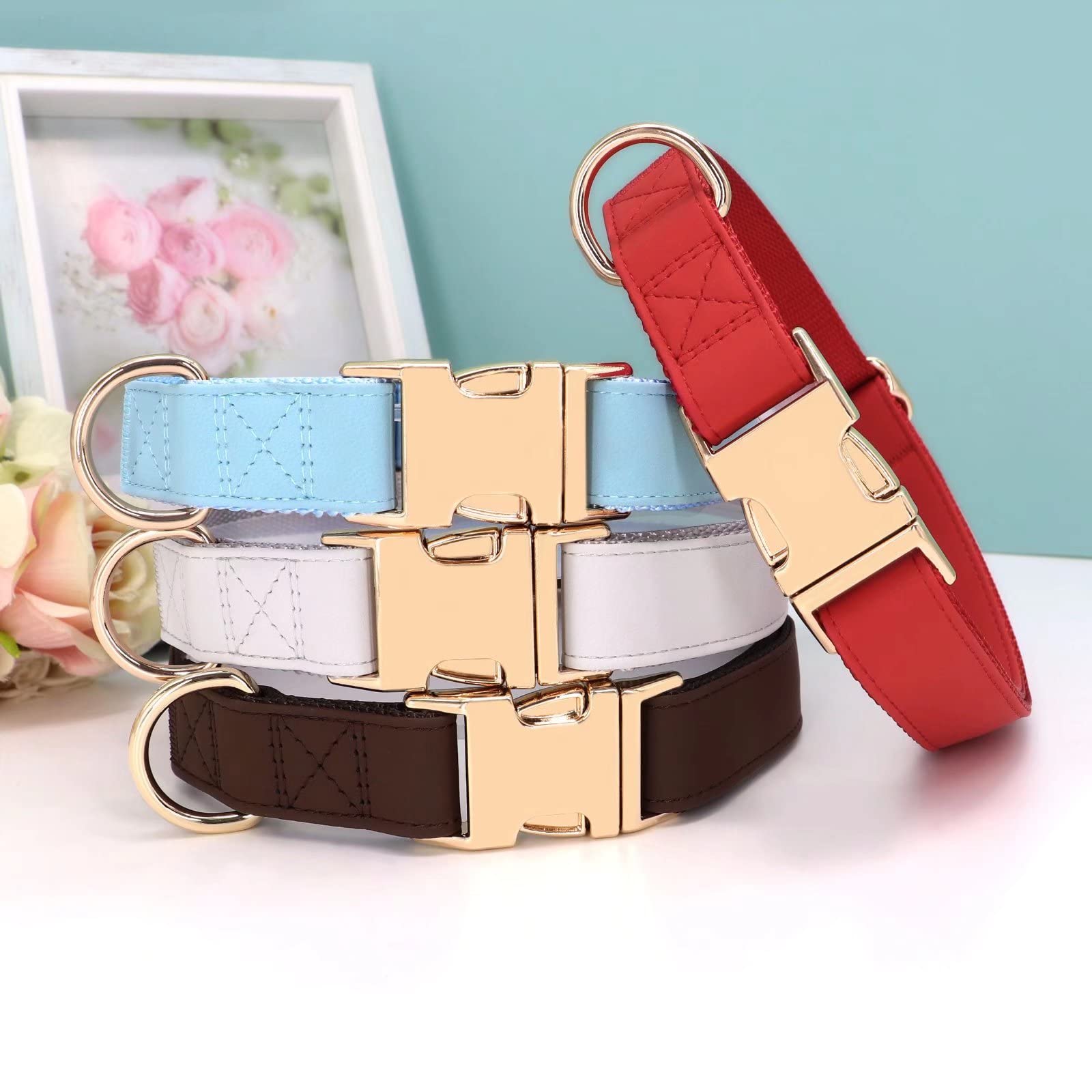 Pet Artist Charming Nylon Dog Collar With Leather Adjustable Soft Elegant Nylon Collars For Dogs Small Medium Large 4 Solid Color For Choosing Blue Red Brown Grey (Blue,Neck Fit 9-14'')