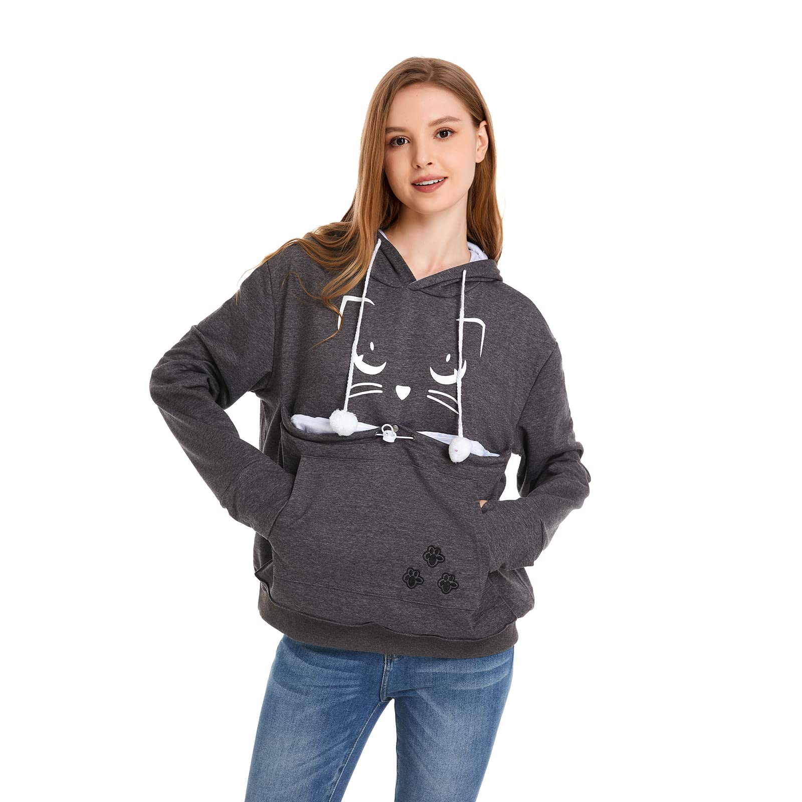 Alyc Unisex Hoodies Pet Holder Cat Dog Kangaroo Pouch Carries Pullover With Cat Printing Sweatshirt (Dark Grey, Xl)