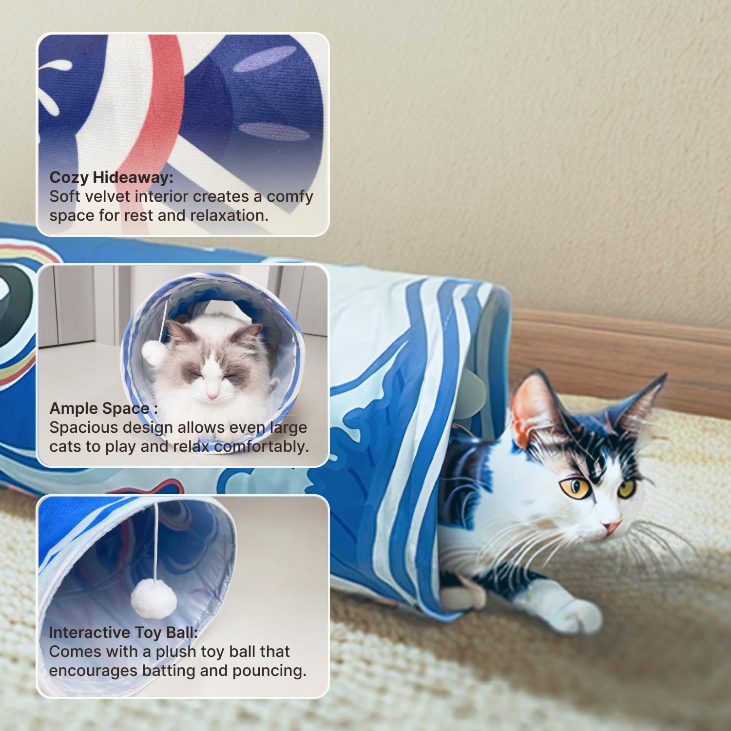 Dsumky Cat Tunnel With Fish Design, Plush Toy Ball, Easy To Clean, Collapsible, Hide & Seek Play, Self-Entertainment Toy (Radian