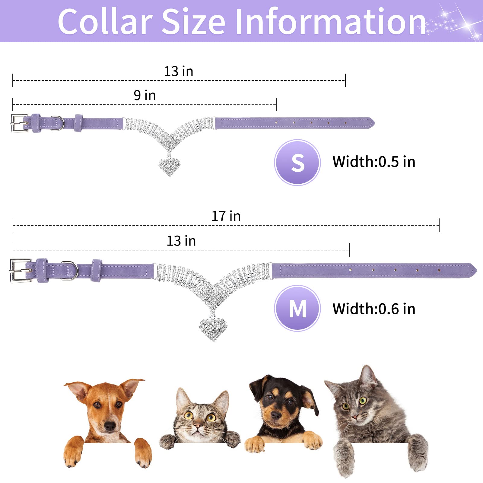 Expawlorer Cute Dog Necklace - Rhinestone Dog Collar, Soft Velvet Collar For Girl Boy Cats Dogs, Sparkling Pet Neck Decoration, Adjustable Pet Collar For Puppies Cats Small Medium Dogs, Purple M