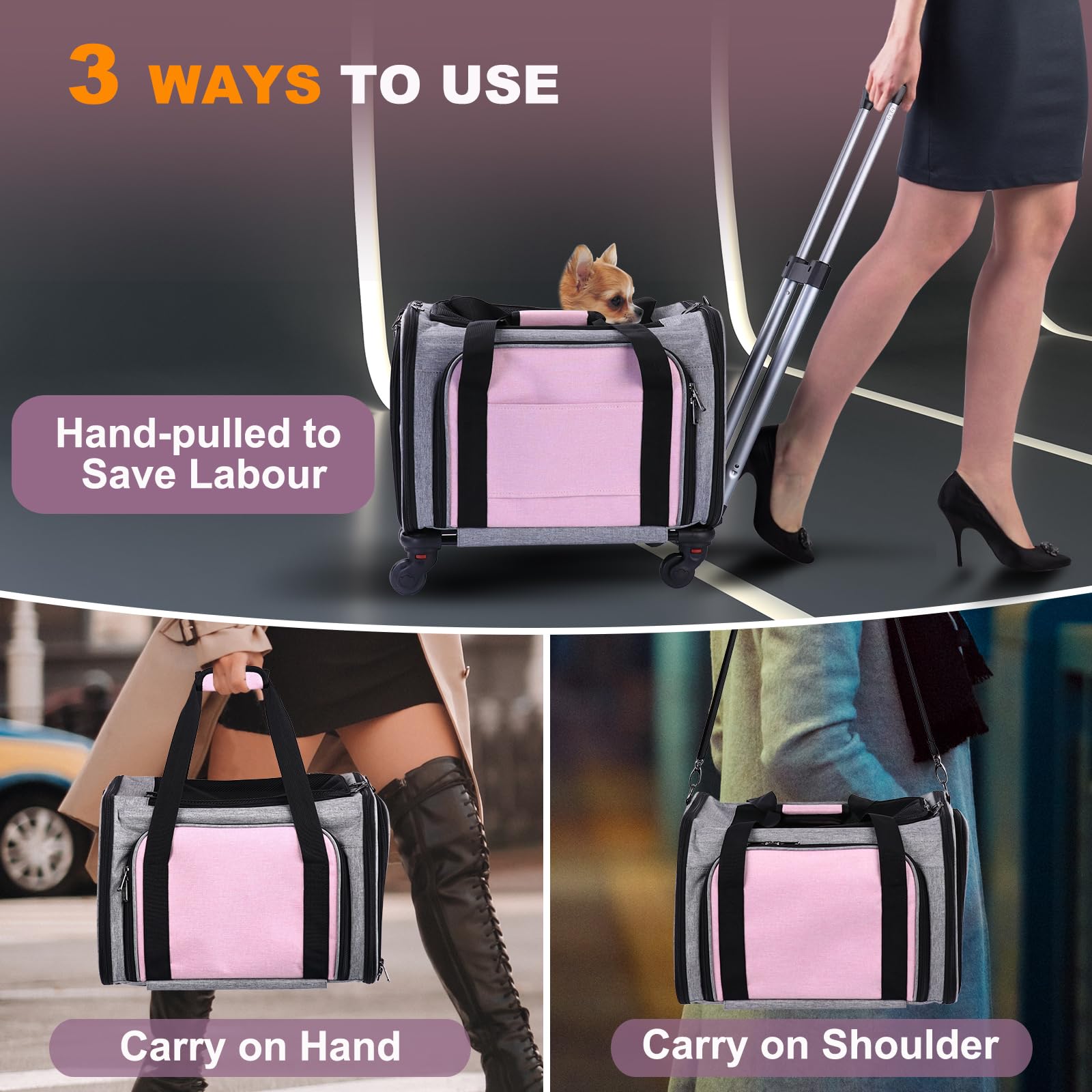 Pet Carrier Airline Approved On Wheels - Two Sided Expandable Cat Soft Carrier For Puppy And Cats Under 26Lbs, Rolling Cat Carri