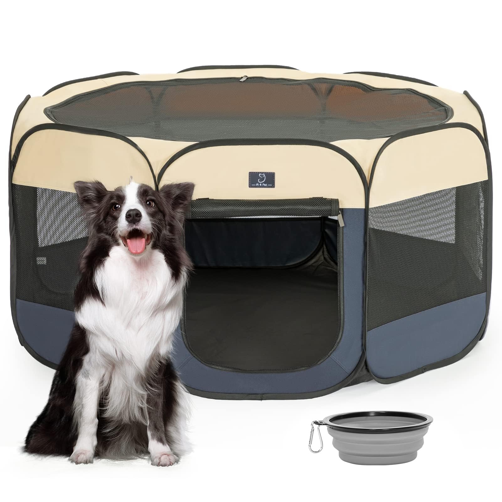 A 4 Pet Portable Dog Playpen, Medium 39.5"x39.5"x20", Blue/Beige, Removable Zipper, Collapsible Bowl, Indoor/Outdoor Use