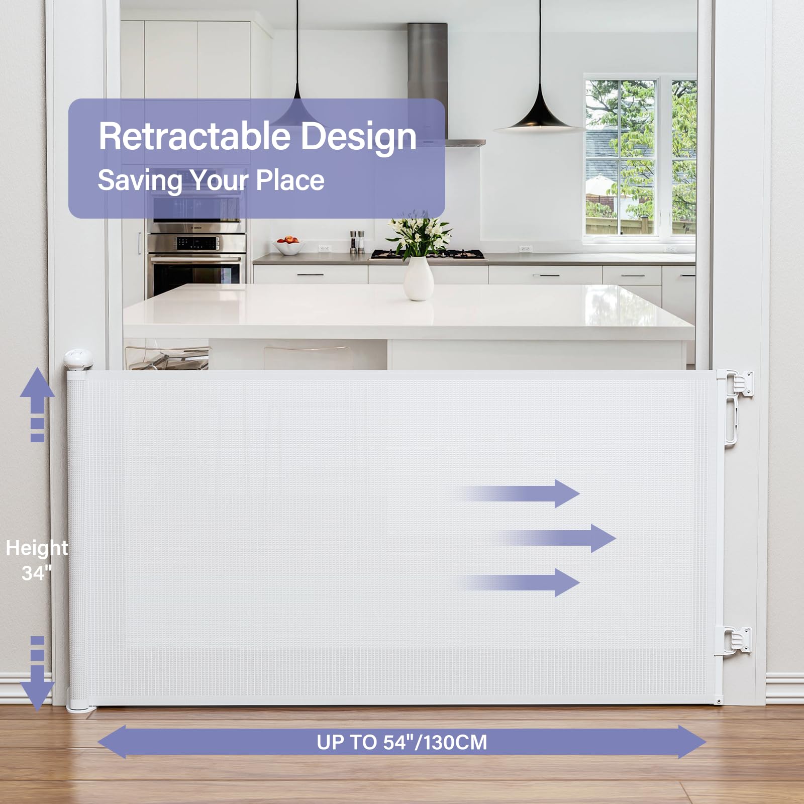 PRObebi Retractable Baby Gate - Extra Wide 54" x 34" Tall, Iron, A-white, Model SG018 for Indoor/Outdoor Use