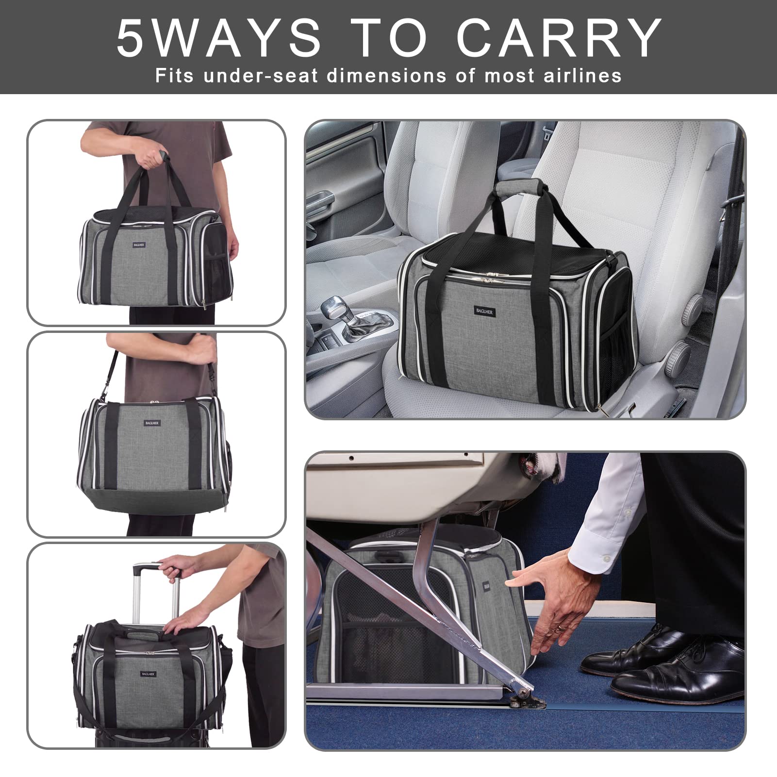 BAGLHER Cat Carrier Bag,Airline Approved Pet Carrier Soft Side Pet Travel 5 Sides Open Doors 3 Sides Expandable Foldable Dog Car
