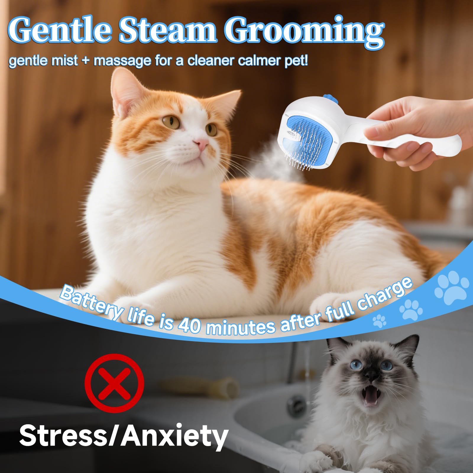 Pet Steam Brush for Dog & Cat - 3-in-1 Steam Grooming Brush for Shedding & Hair Removal - Self Cleaning Spray Comb with Mist for