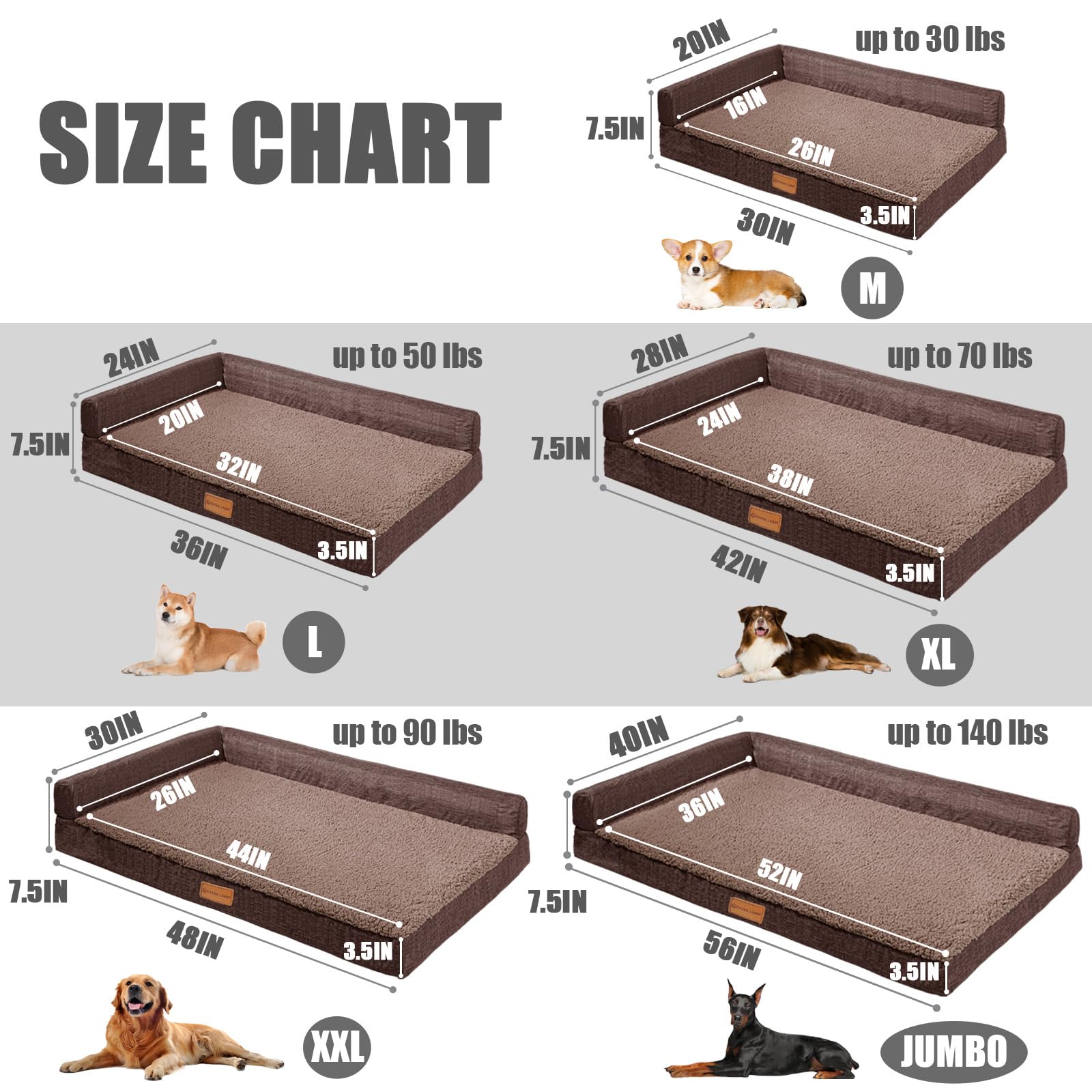 Patas Lague Orthopedic Jumbo Dog Bed For Extra Large Dogs 56''X40'', Waterproof L Shaped Jumbo Pet Sofa Beds With Removable Wash