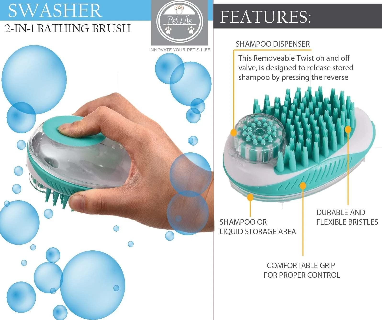 Pet Life 'Swasher' Green Shampoo Dispensing, All-in-One Pet Grooming Brush: Massage, Bath & De-Tangle for Dogs & Cats