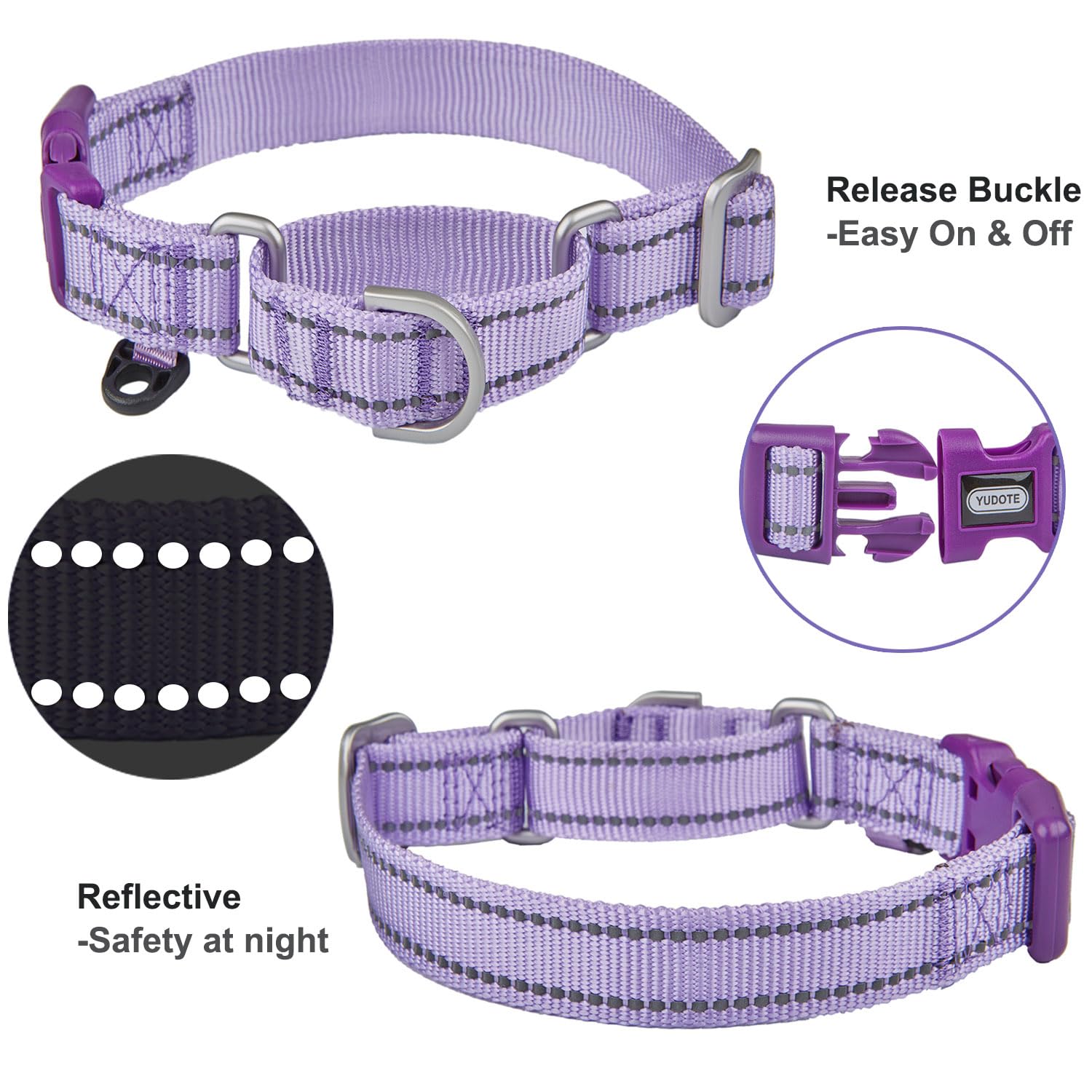Yudote Reflective Martingale Collar For Dogs With Quick Snap Buckle Anti-Pull Nylon Safe Slip Collars For Easy Walking,Lilac,Large