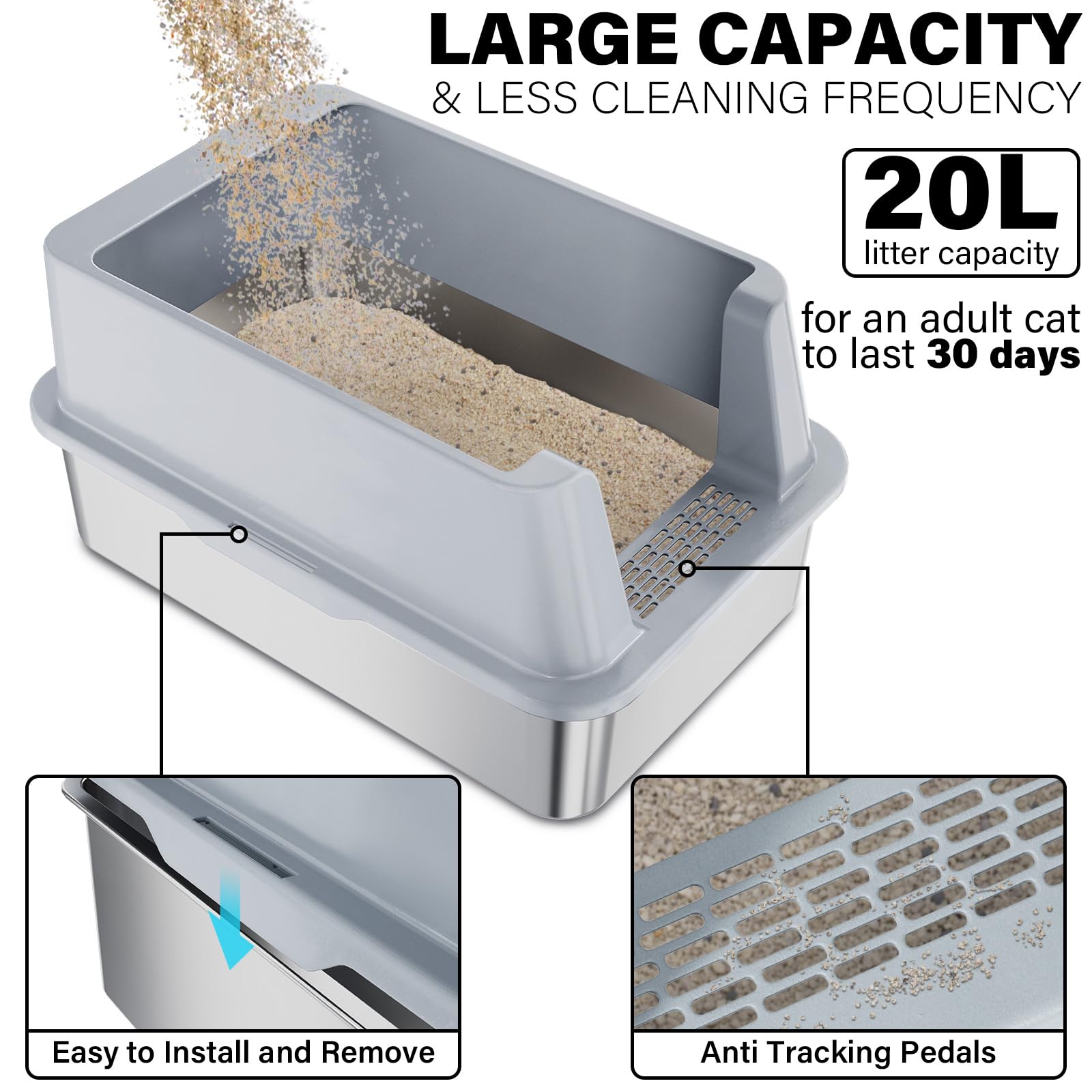 Futam Stainless Steel Litter Box With Lid, Xl Metal Litter Box With Scooper, Anti-Urine Leakage Litterbox High Sides For Big Kit