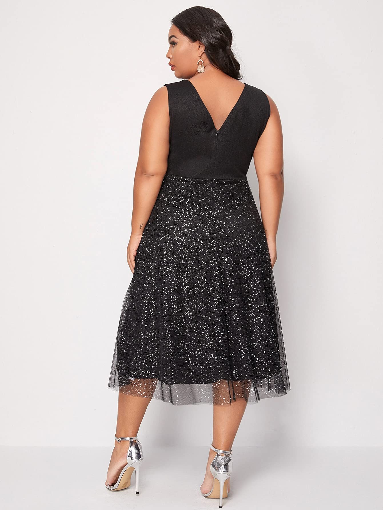 Floerns Womens Plus Size V Neck Sleeveless Sequin Cocktail Party Midi Dress Black 1Xl -Like New