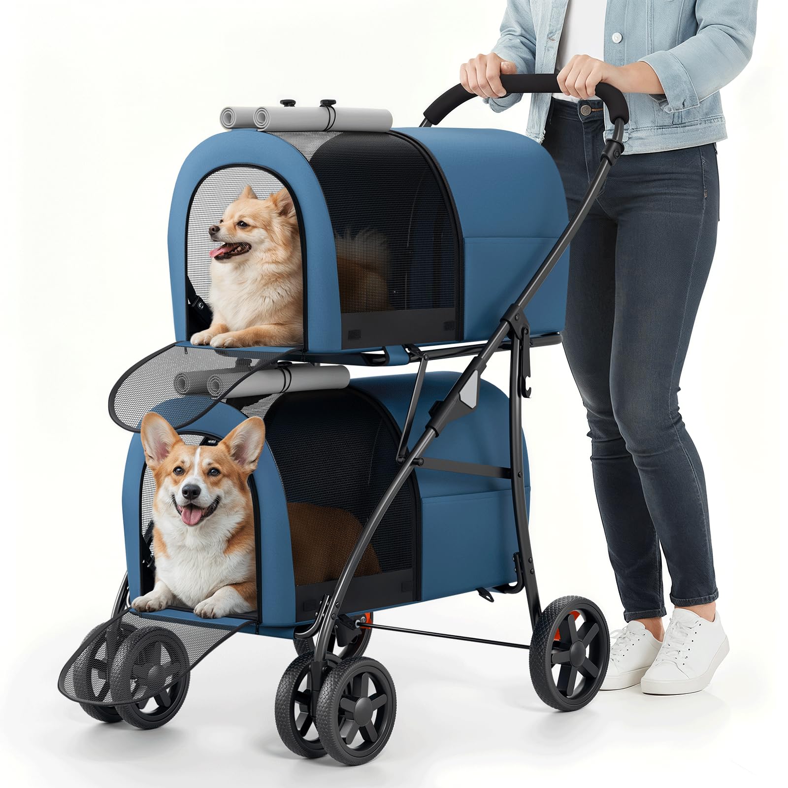 MoNiBloom Double Dog Stroller with Detachable Carrier Bags Large 4 Wheels Foldable Jogger for Small and Medium Dog Cats, Navy Bl