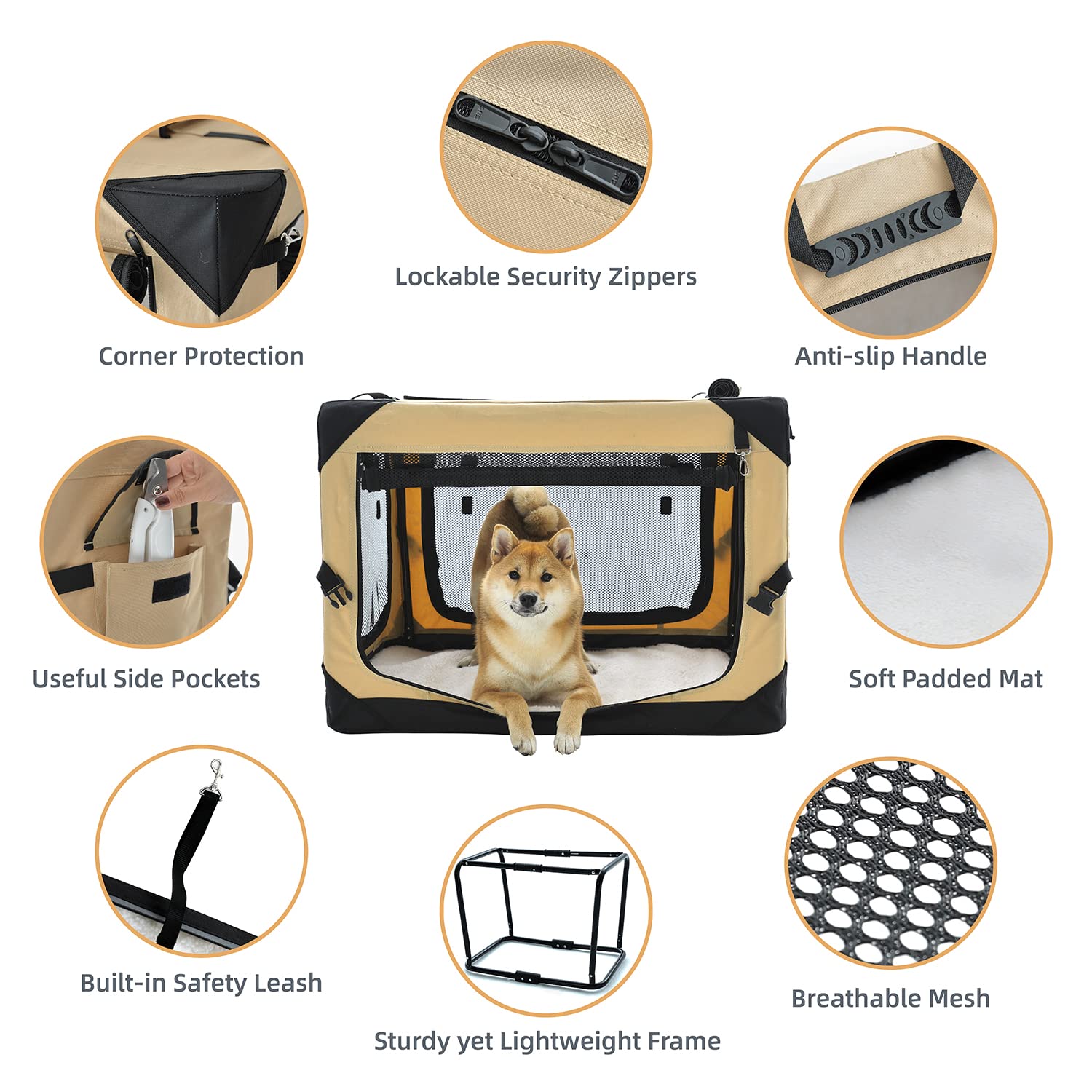 Pettycare 36 Inch Collapsible Dog Crate For Large Dogs, 4-Door Foldable Soft Dog Kennel With Chew Proof Mesh Windows, Indoor & Outdoor Travel Dog Crate, Soft Side Dog Crate,Beige
