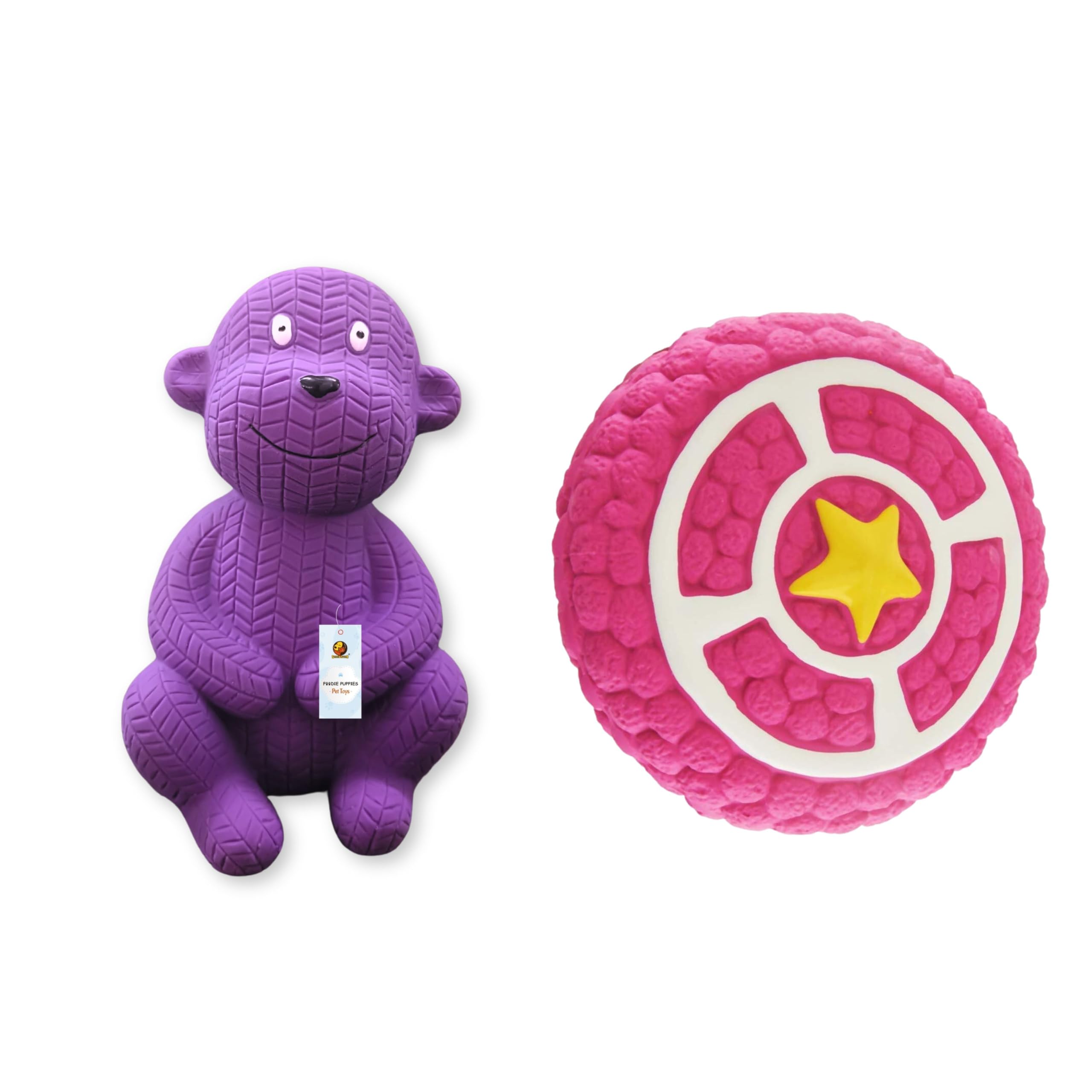 Foodie Puppies 2In1 Combo Of Latex Dog Squeaky Toy (Wool Monkey & Pink Pie  Large) For Small Dogs & Puppies | Cotton Filled, 