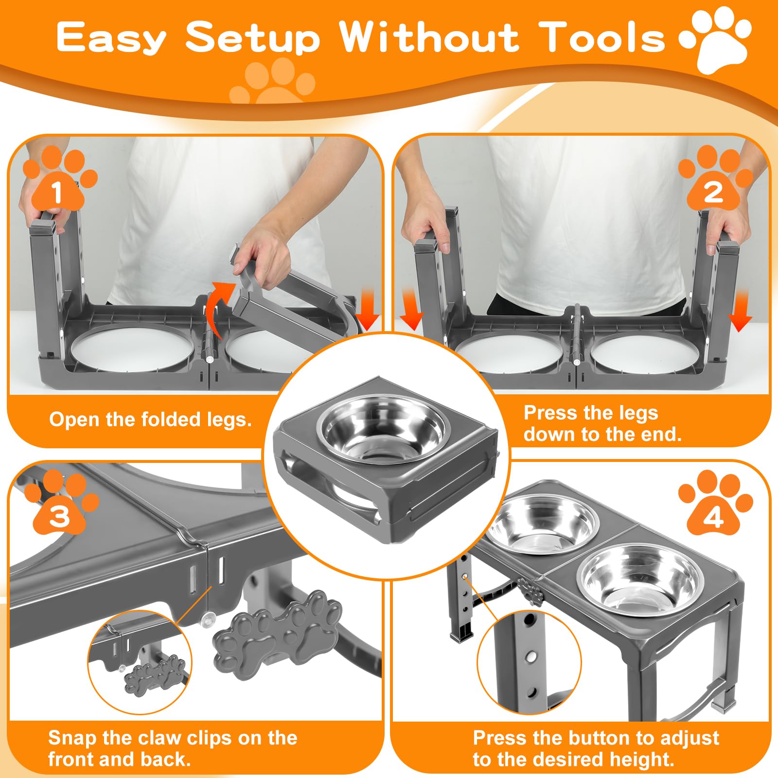 Elevated Dog Bowl Stand Foldable with Dual 7.8 Stainless Steel Bowls, 5 Adjustable Heights (3.9-13.4), Anti-Slip Portable Travel