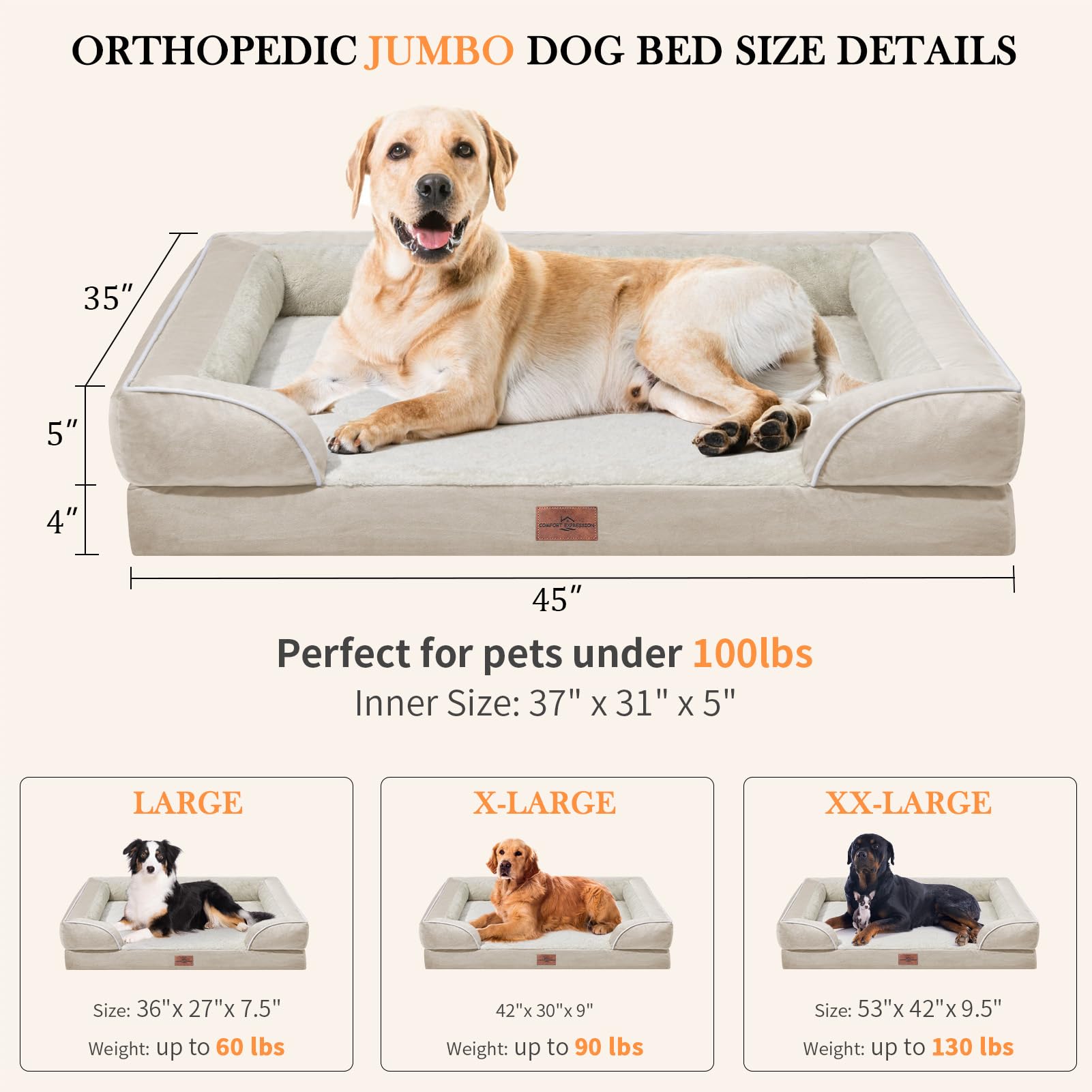 Comfort Expression Orthopedic Dog Bed For Jumbo Breed Large Dogs, Jumbo Dog Bed Waterproof, Pv Washable Dog Sofa Bed With Removable Cover & Non-Slip Bottom(Jumbo,Light Green)