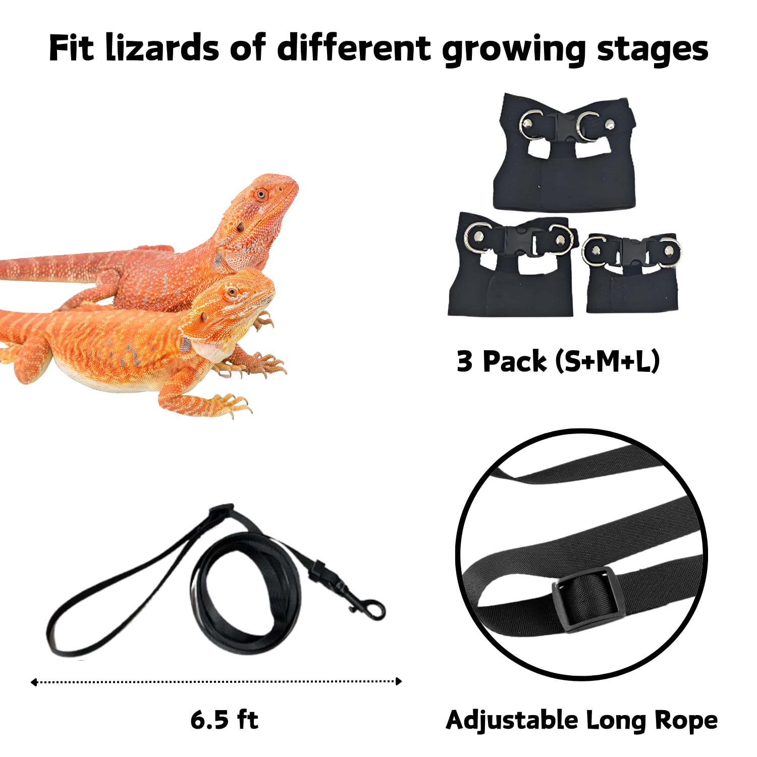 SEZDEKI Bearded Dragon Harness and Leash Set - Adjustable Leather Small Animal Vest, Black, Model LZ-2MLeash