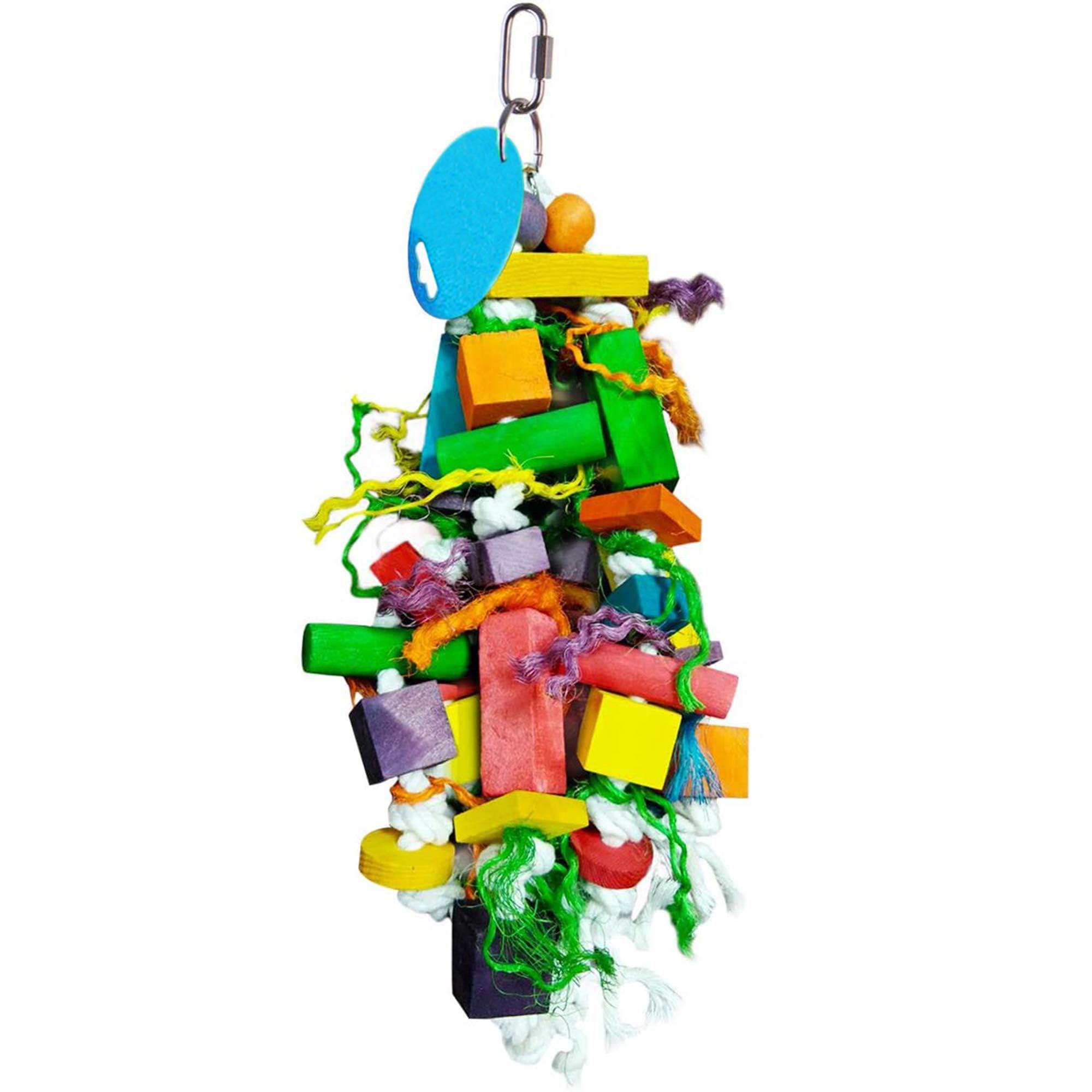 Sungrow Parrot Wooden And Rope Chewing Toy, Multi-Shaped And Multicolored Blocks And Cotton Rope With Hanging Loop