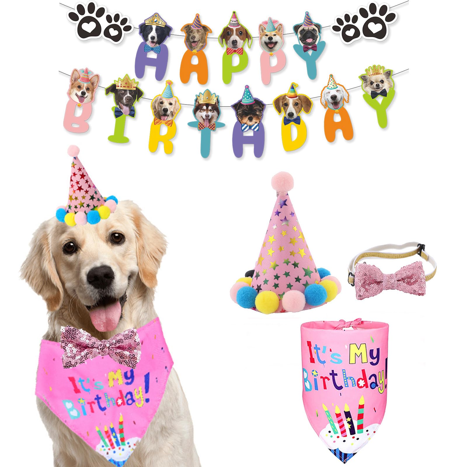 Agirlvct Dog Birthday Party Supplies, Girl Dog Puppy Theme Birthday Decorations,Dog Birthday Hat,Bow Tie,Bandana,Banner for Smal