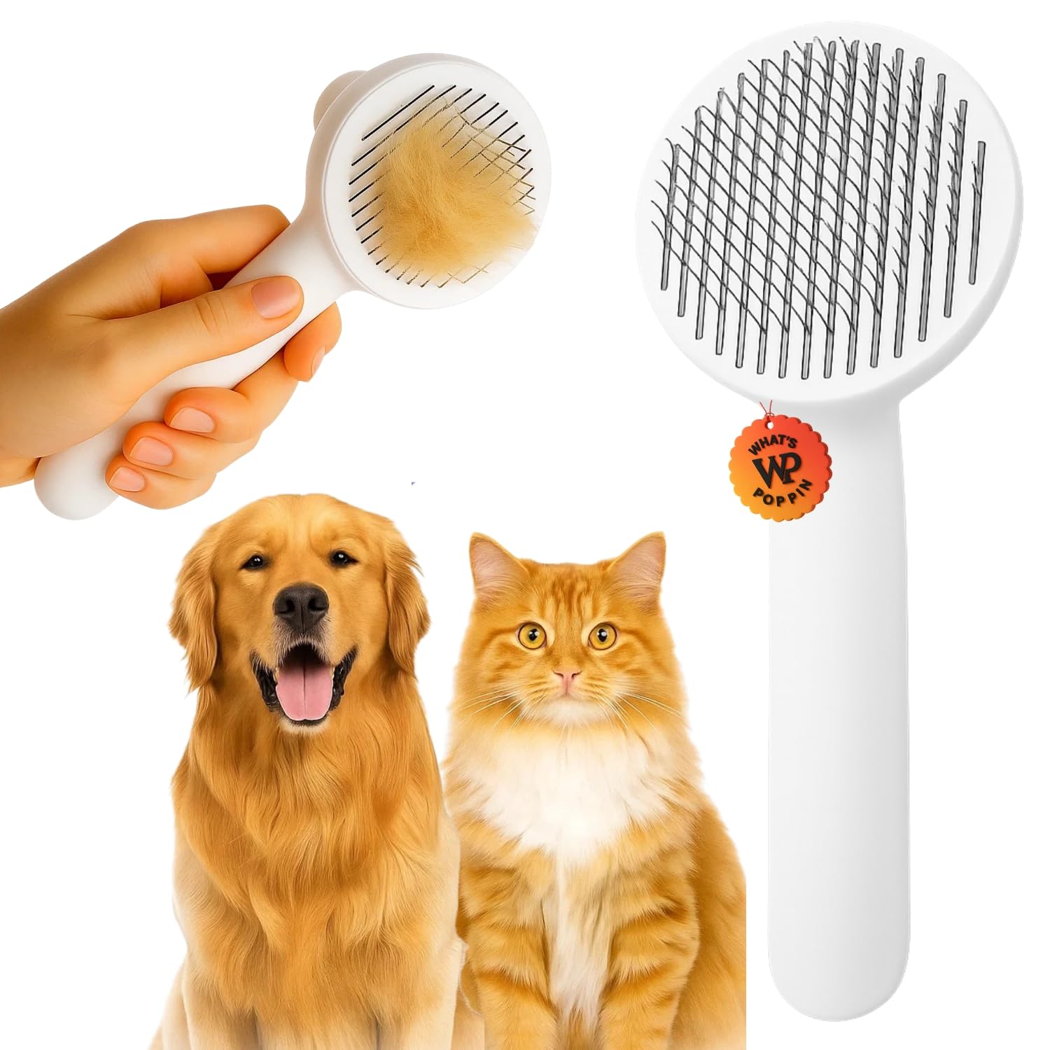 WhatS Poppin SelfCleaning Round Pet Grooming Brush For Dogs & Cats | Rear Push Button Hair Removal | Stainless Steel Bristles 