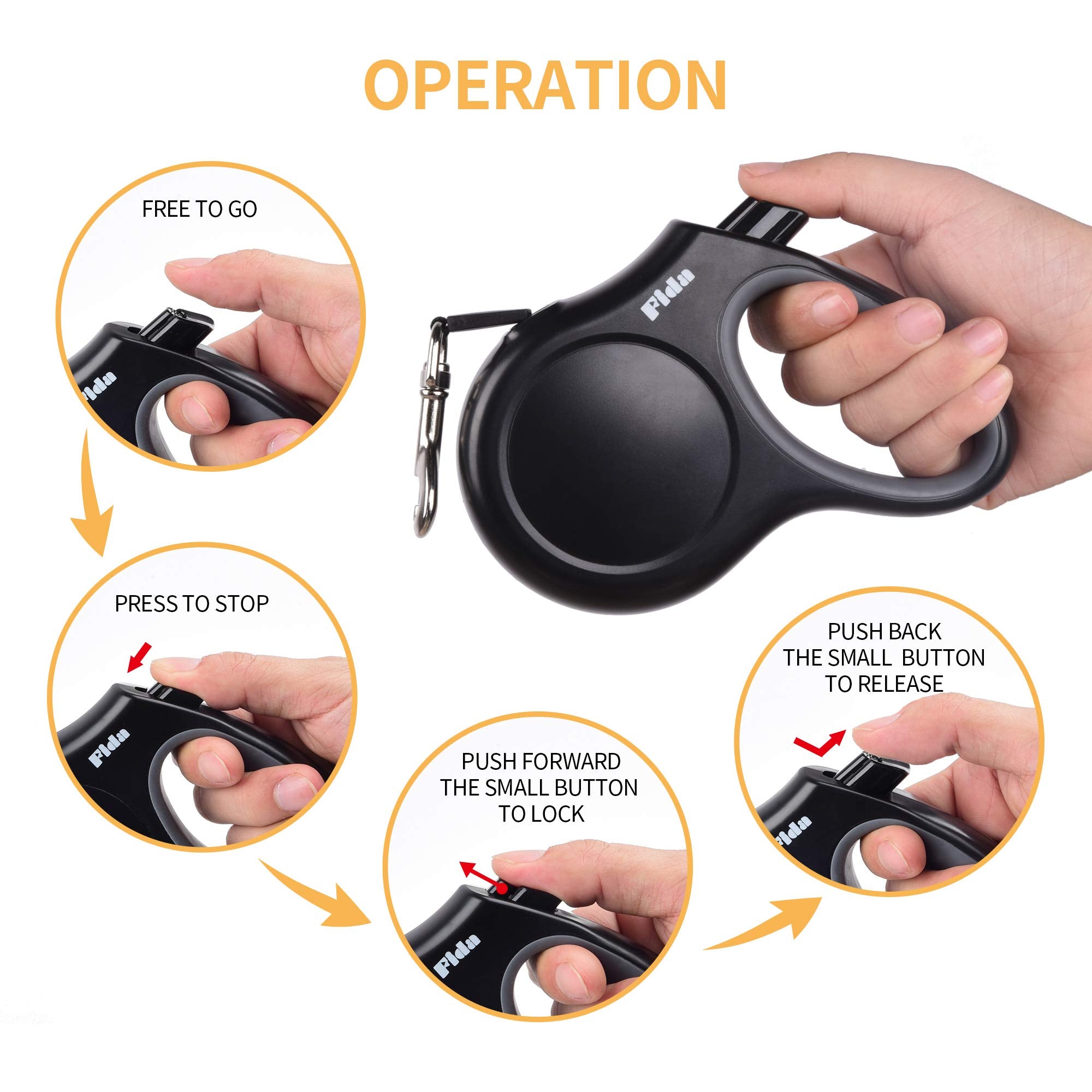 Fida Retractable Dog Leash - 16 ft, Tangle Free, Small Dogs up to 26 lbs, Black, Durable Resin Material