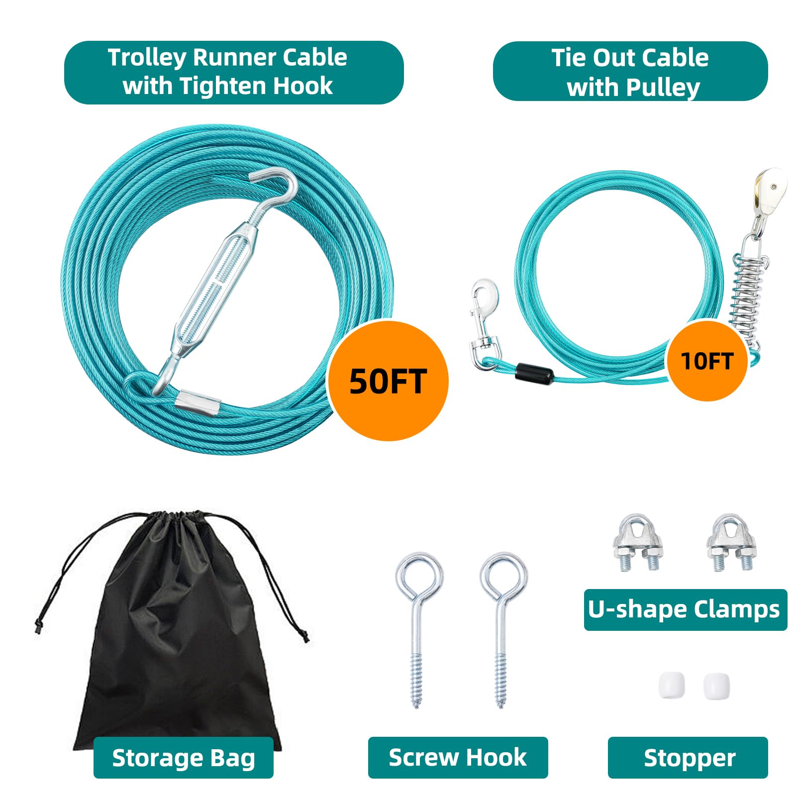 LUFFWELL Dog Runner with 10FT Tie Out Cable - Heavy Duty Trolley for Large Dogs up to 250LBS, Ice Blue, 50FT Length