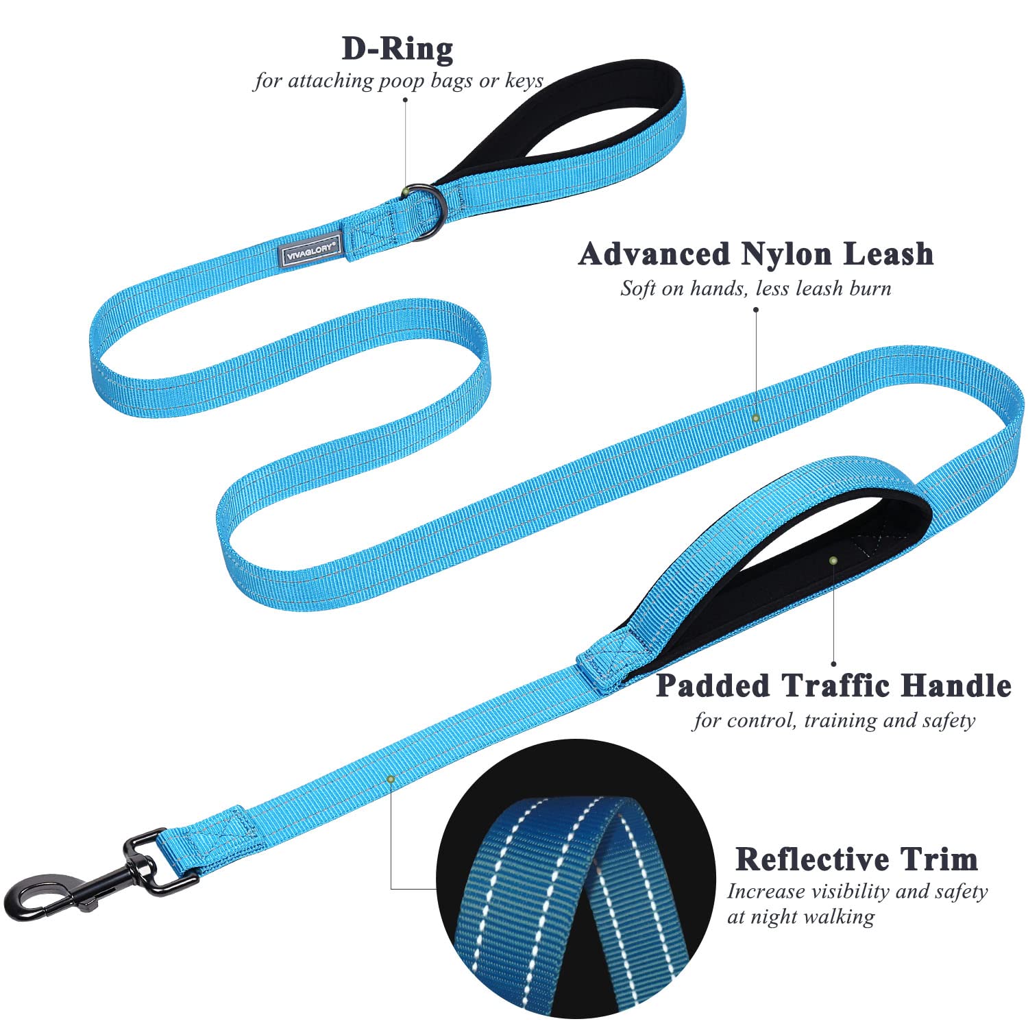 Vivaglory Traffic Handle Dog Leashes, Two Padded Soft Handles Strong Dog Leash, Reflective & Metal Hook Training Pet Lead, Lake