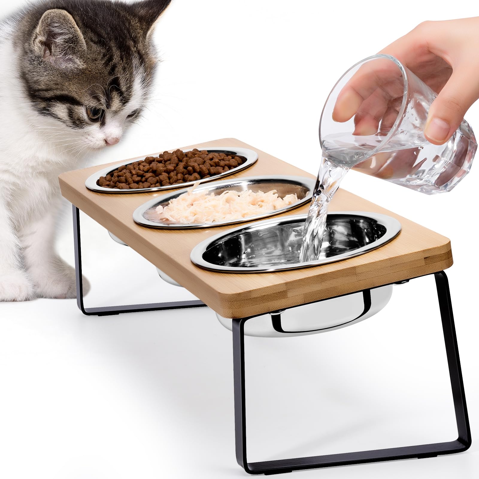Elevated Cat Bowls for Food and Water - Loplurea 15 Tilted Raised 3 Stainless Steel Cat Food Bowl Feeder, with Bamboo Stand and 