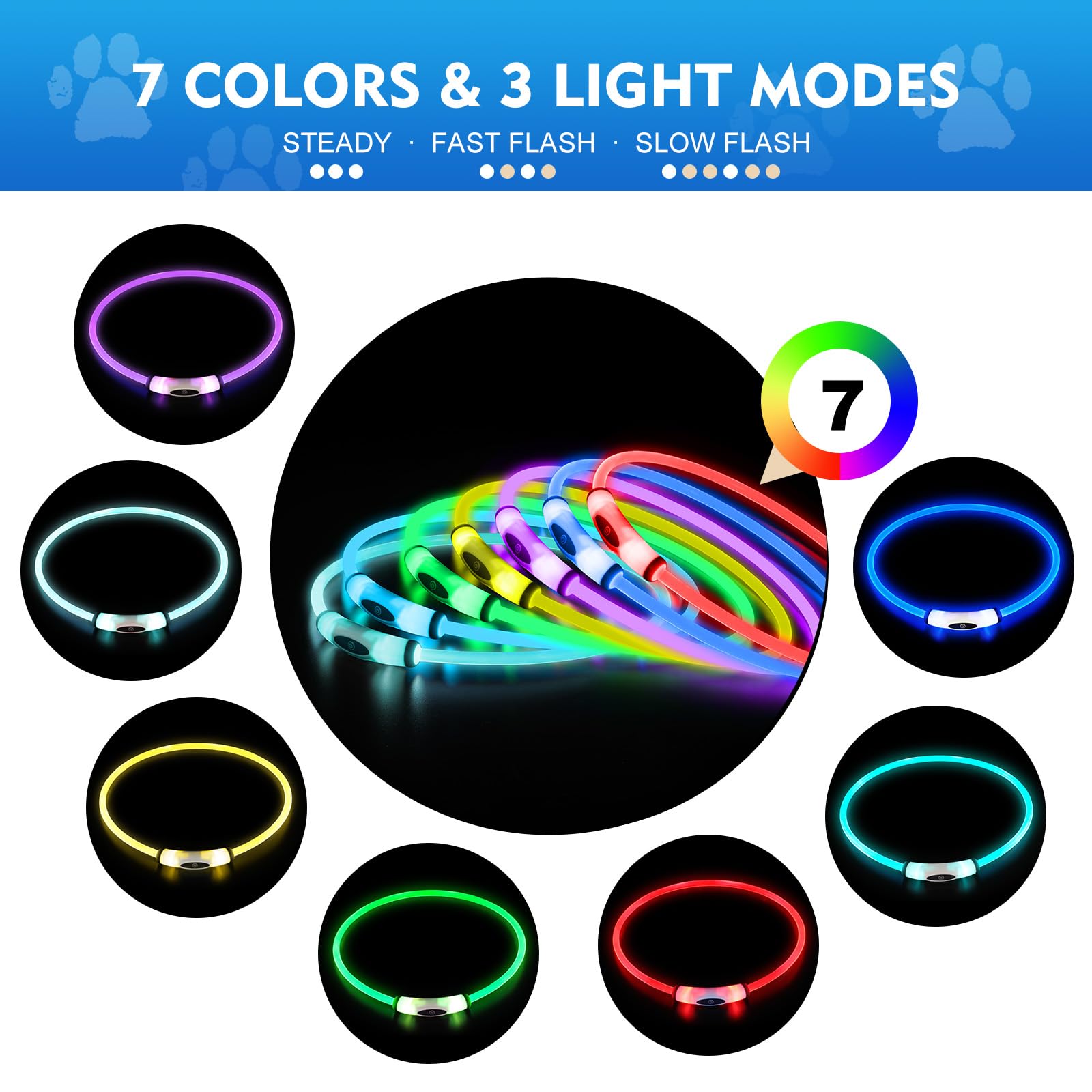 Novkin Lighted Dog Collar, Rechargeable 7 Colors Changing Light Up Dog Collar, Ip67 Waterproof Led Collar Glow In The Dark, Make