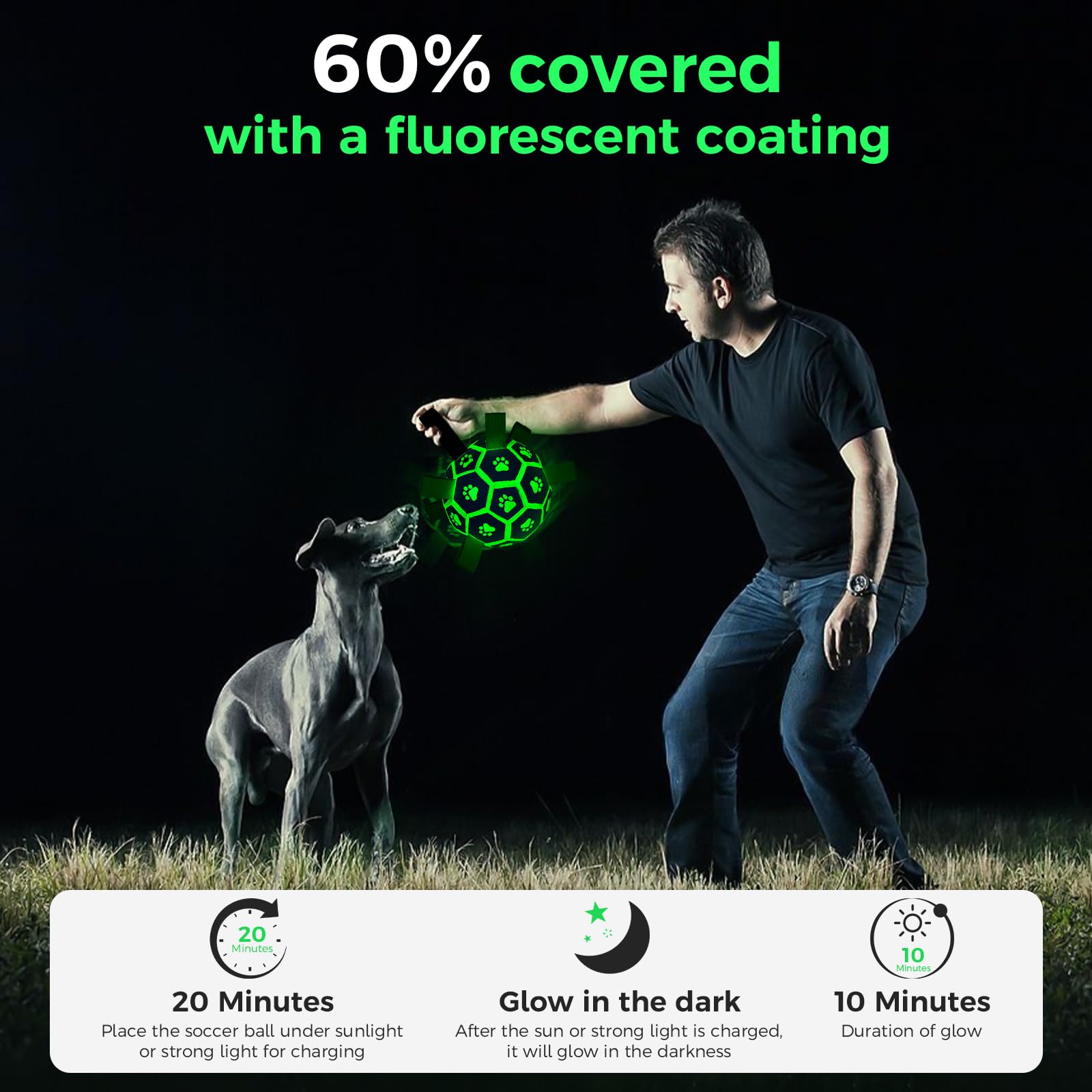 QDAN Glow in The Dark Dog Toys Soccer Ball with Straps, Outdoor Interactive Doggy Toys, Puppy Birthday Gifts, Light Up Dog Balls