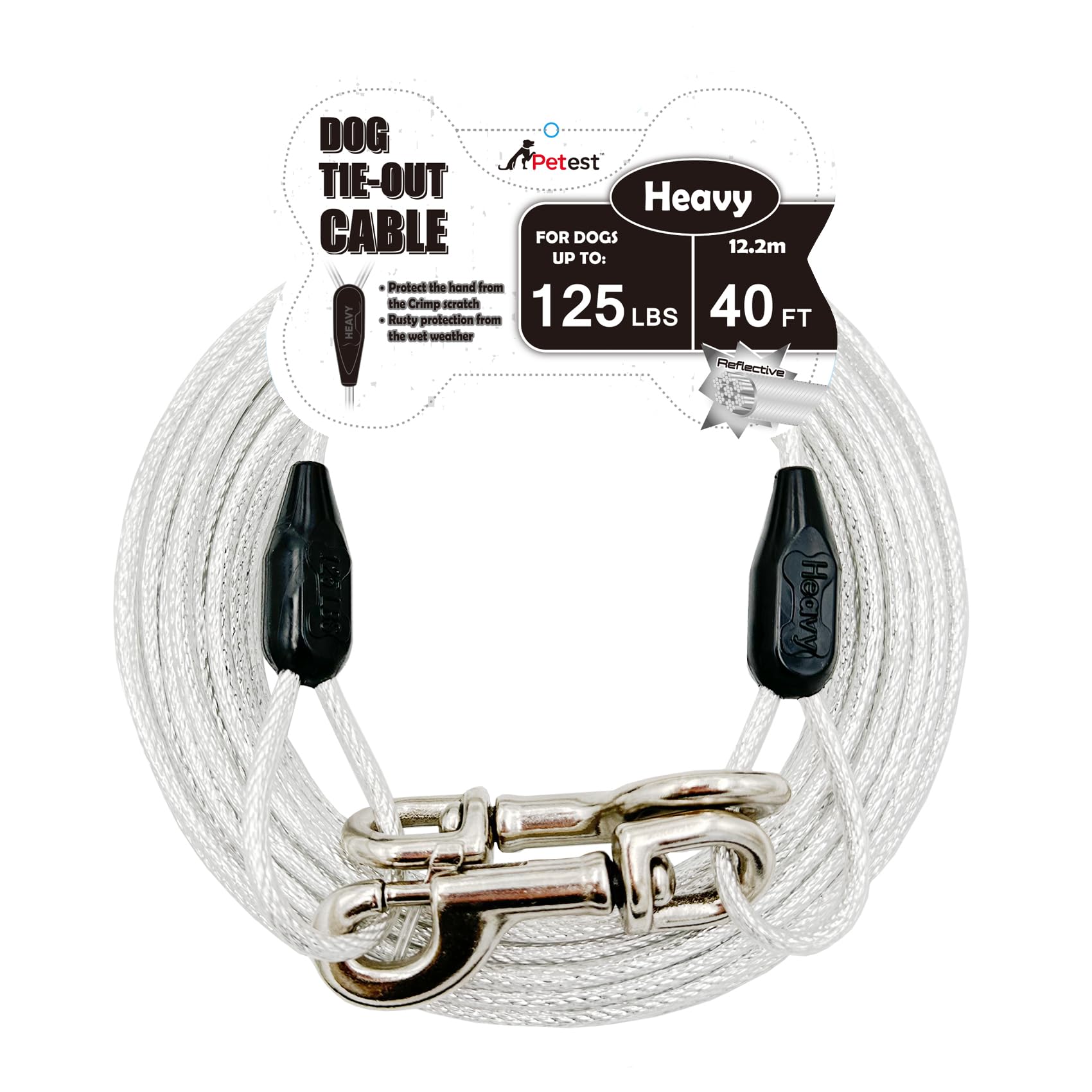 Petest 40Ft Reflective Tie-Out Cable For Heavy Dogs Up To 125 Pounds