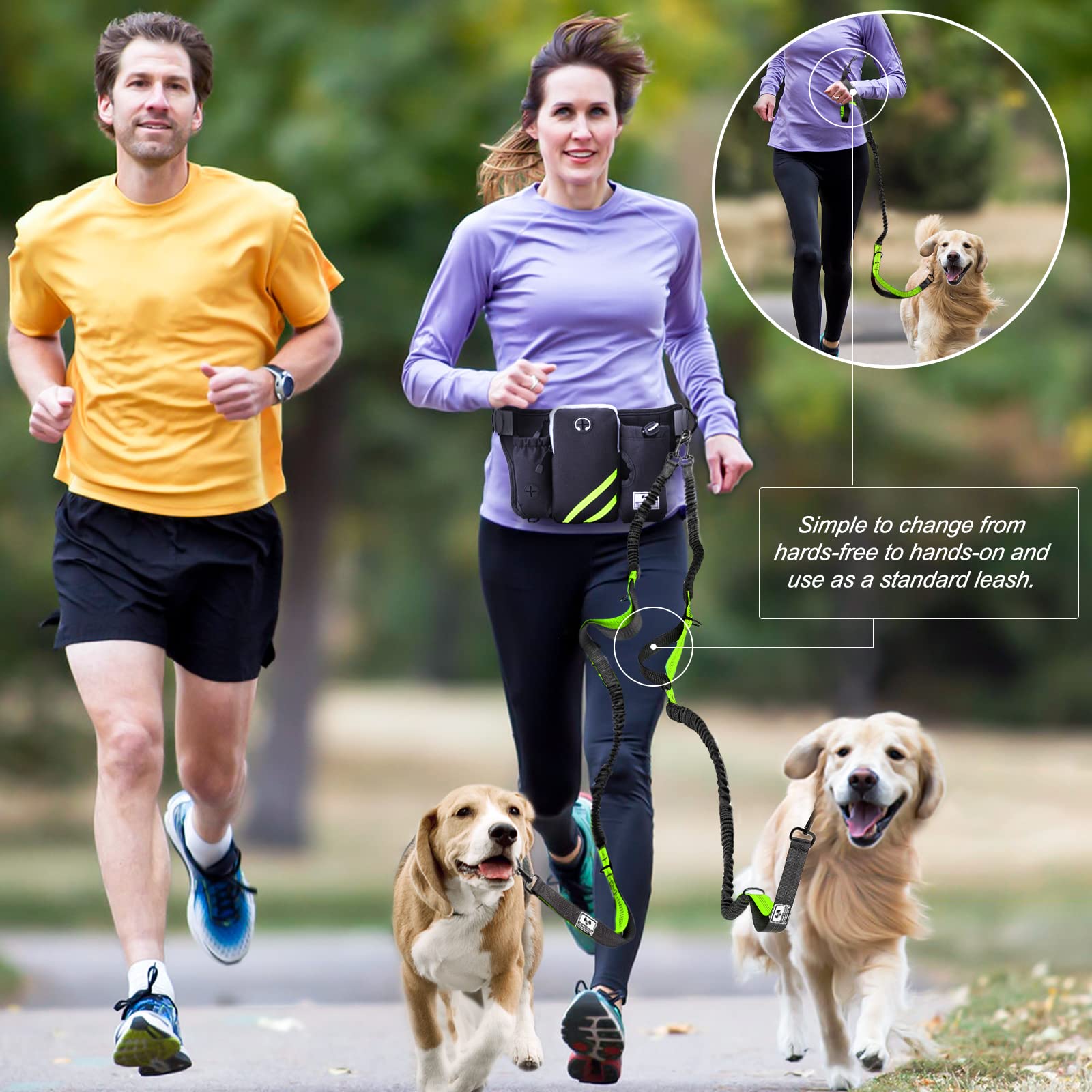SHINE HAI Retractable Dog Leash for 2 Dogs, Adjustable Waist Belt, Nylon, Green/Black, Model MA-US22-DL, Reflective Stitching