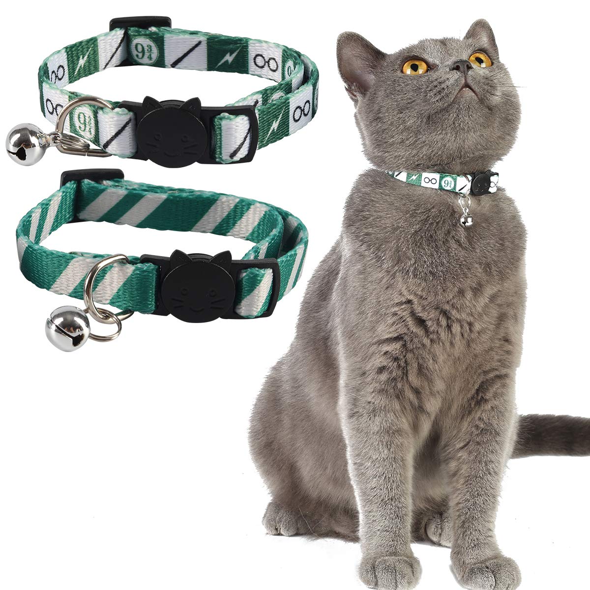 Coomour 2Pcs Halloween Cat Collar Safely Breakaway Magic Stripe Pattern Adjustable Kitty Collars With Cute Bell For Cats Kitten