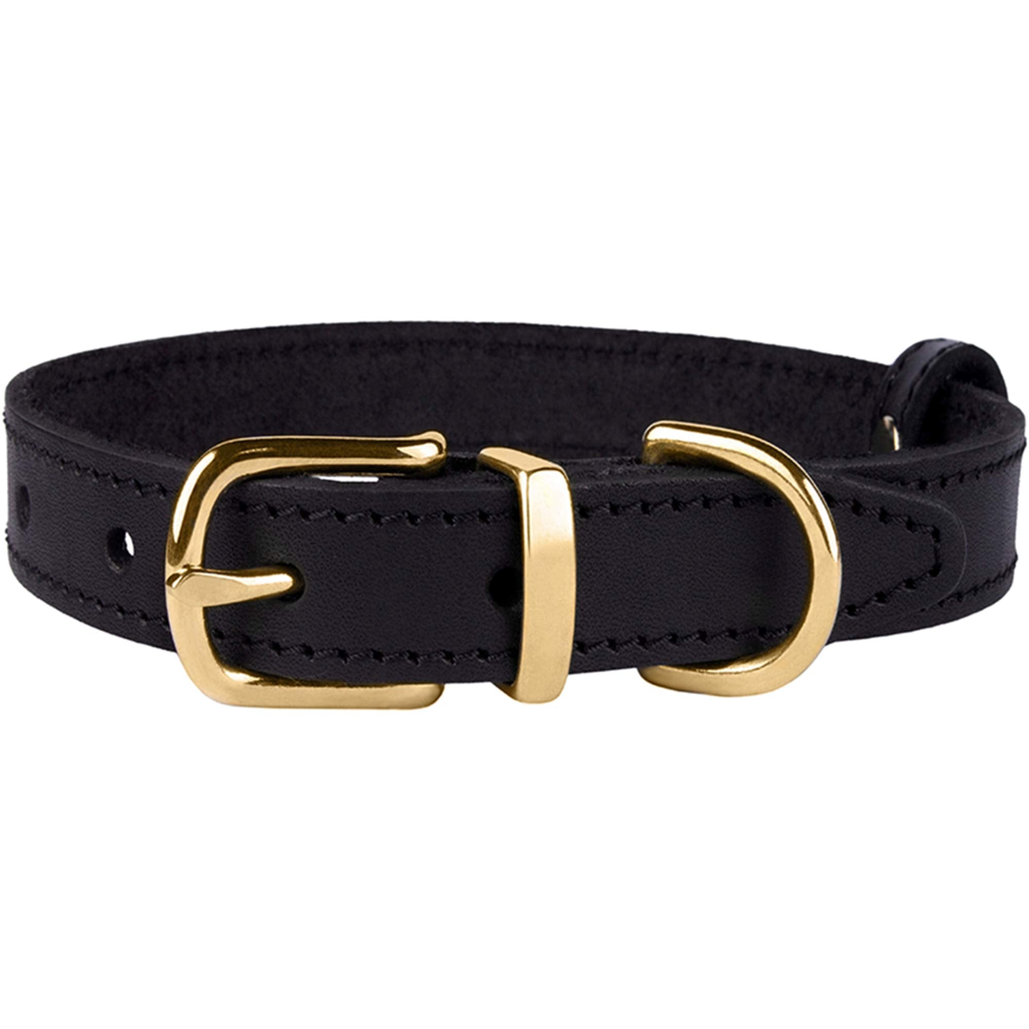 Bronzedog Leather Dog Collar With Metal Buckle Durable Basic Pet Collars For Small Medium Large Dogs (19-21 Inch (Pack Of 1), Black & Gold Buckle)