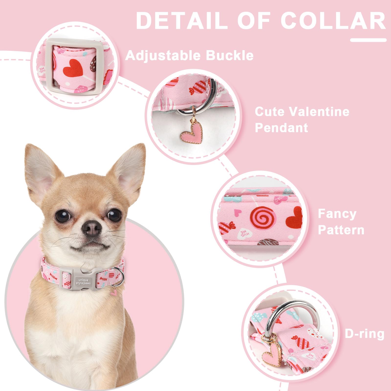 Unique Style Paws Valentine'S Dog Collar Heart Love Collar For Dog, Cotton, Adjustable, Pink, Extra Small, Xs, Plastic Buckle, H