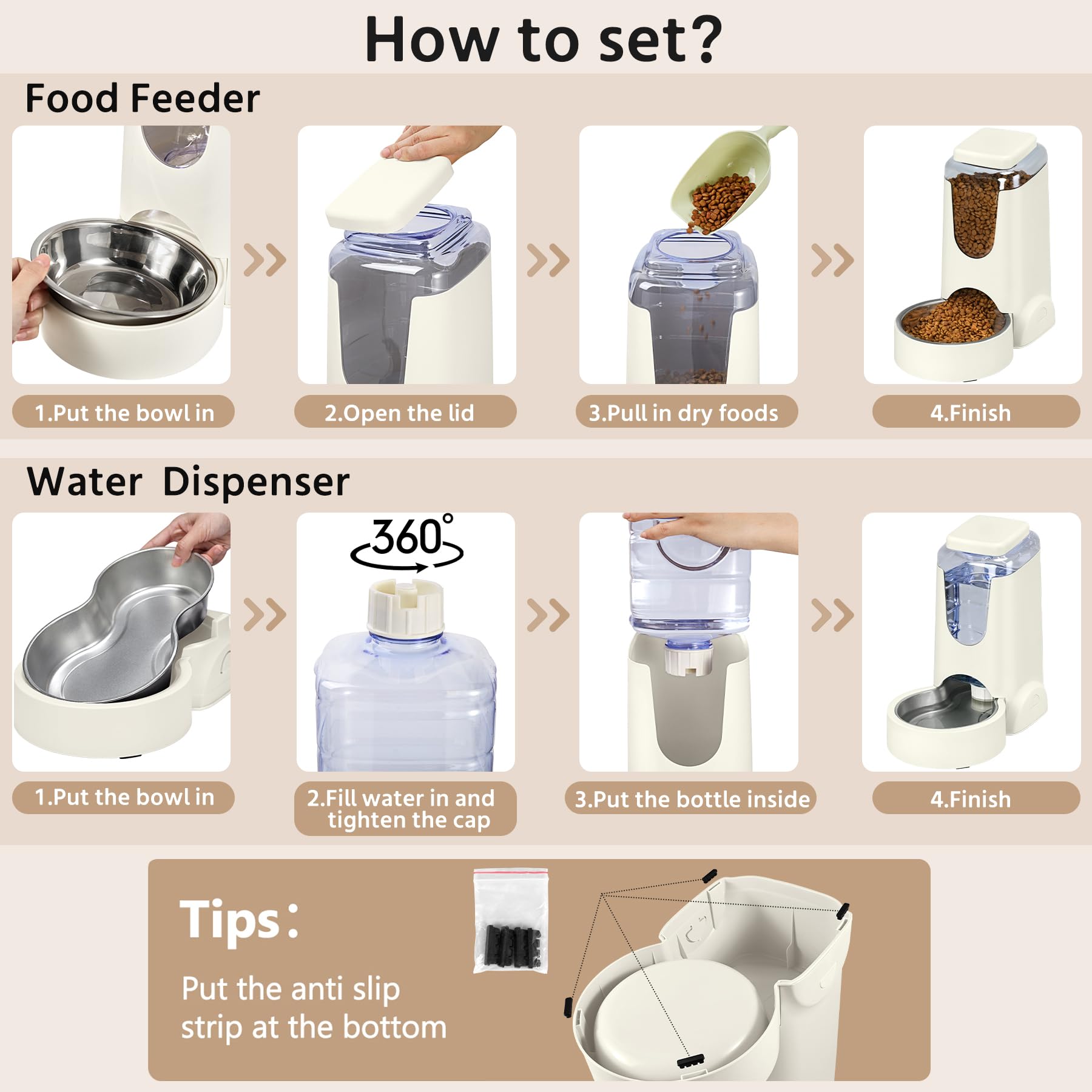 WyfKyd 2 Pack Automatic Cat Feeder & Stainless Steel Dog Water Dispenser, 1 Gallon x 2, Ivory White