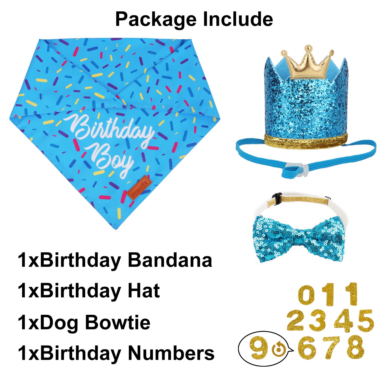 Ptdecor Dog Birthday Party Supplies, Multi Size Birthday Boy Bandana, Blue Crowns Dog Hat Set For Medium Large Pets (Large)