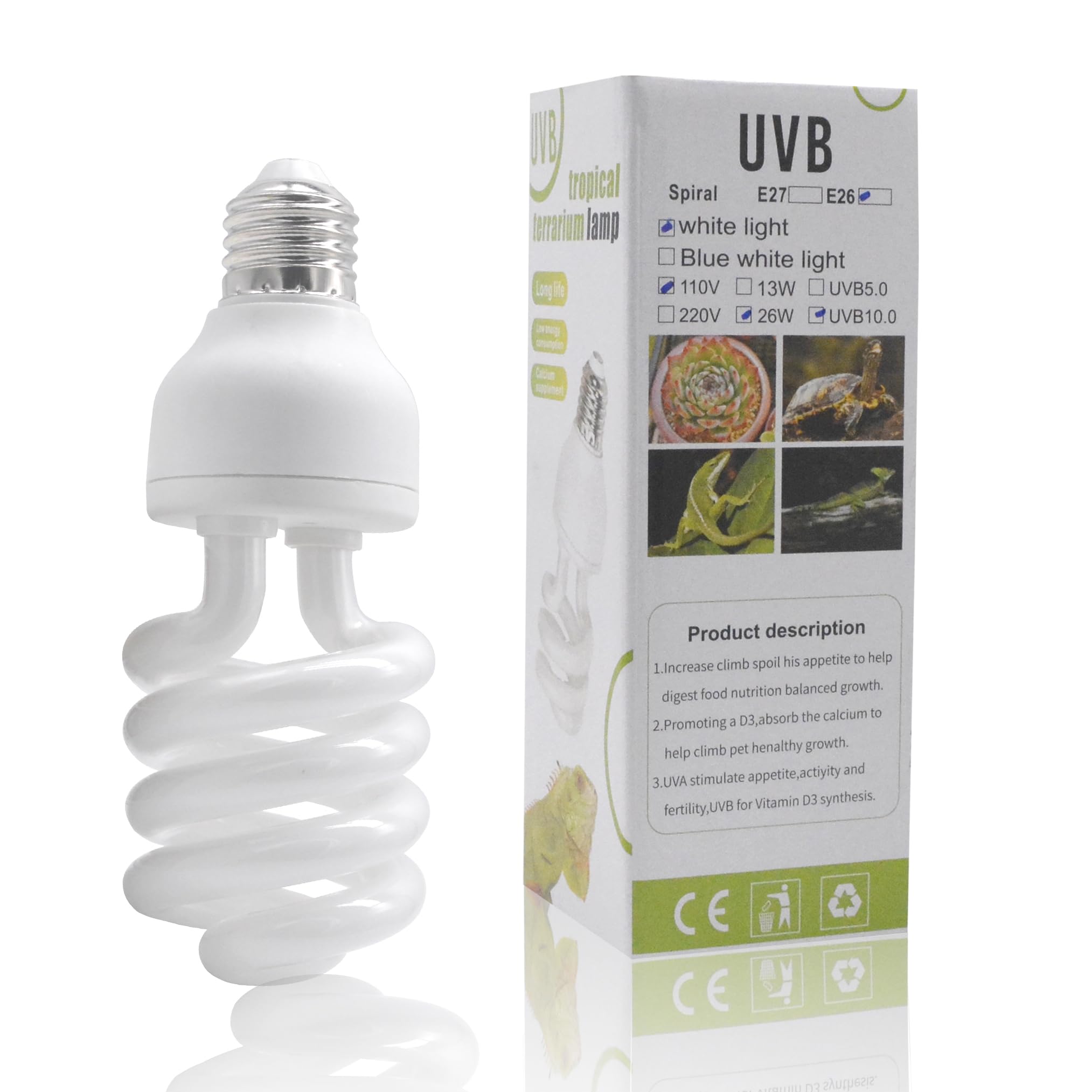 Yimidool Uvb Light For Reptiles, 26W 10.0 Reptile Heat Lamp Bulbs, Uva Uvb Reptiles Light Bulbs Ideal For Rainforest Reptiles, B