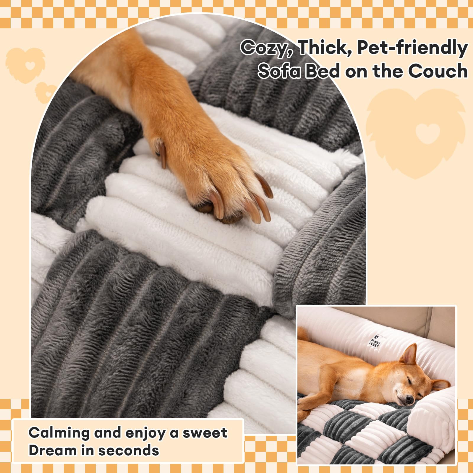 Funny Fuzzy Pet Couch Covers For Sofa, Dog Couch Cover Bed Washable Plush Pets Mat For Furniture Protector Cream Square Plaid Co