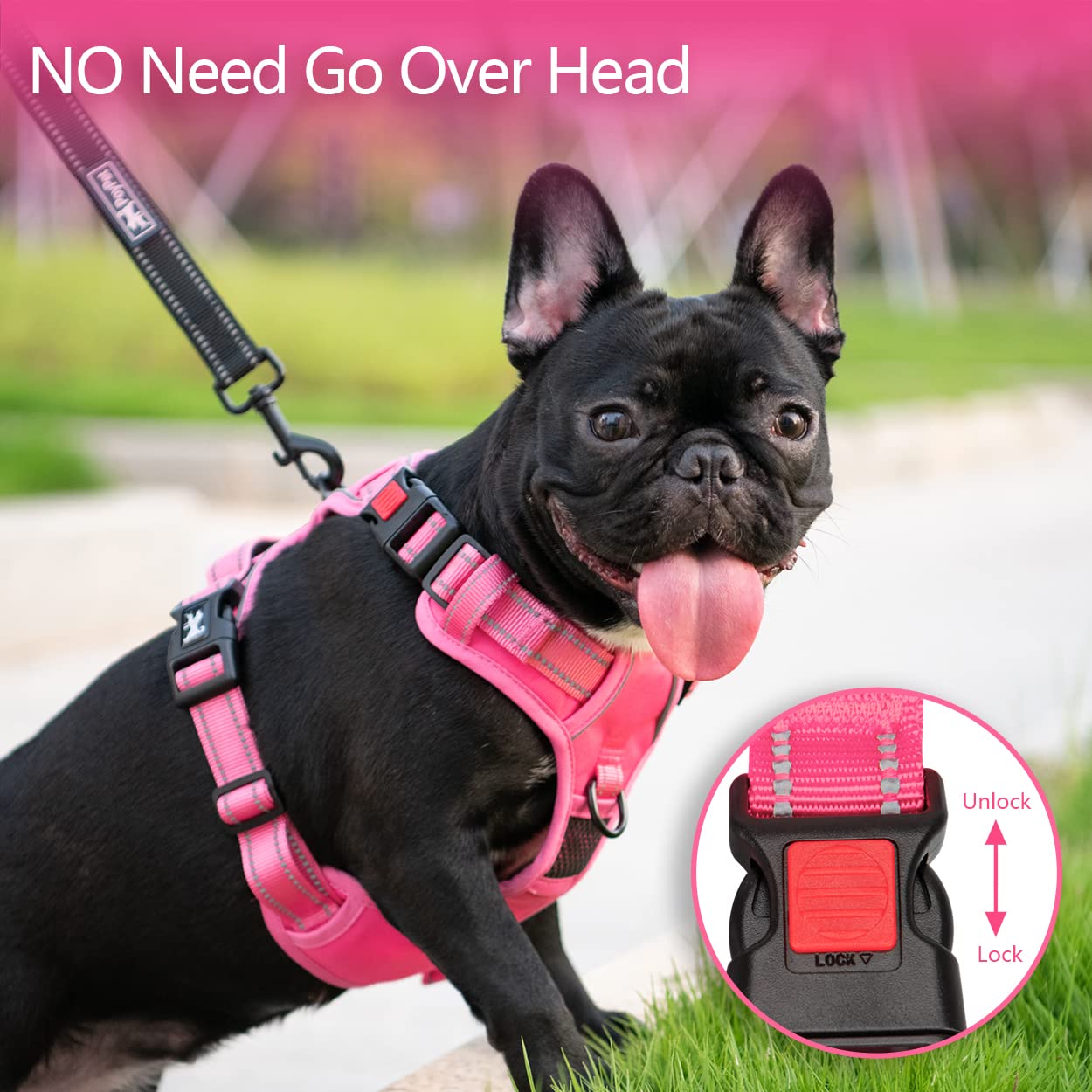 Poypet No Pull Dog Harness, No Choke Reflective Dog Vest, Adjustable Pet Harnesses With Easy Control Padded Handle For Small Medium Large Dogs(Pink Matching Trim,L)