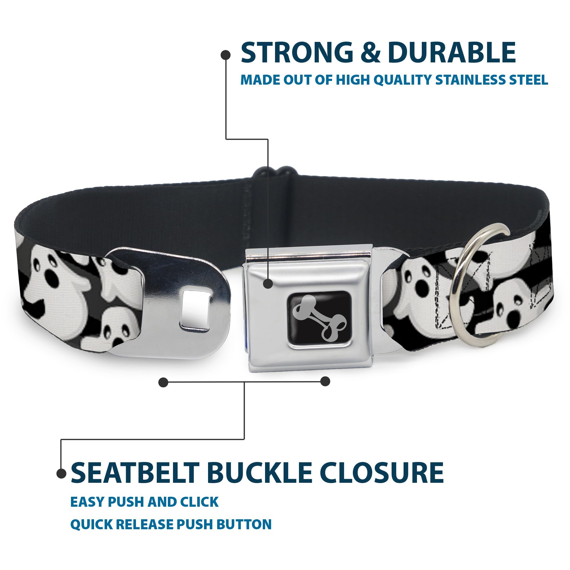 Dog Collar Seatbelt Buckle Ghosts Scattered Black White 16 To 23 Inches 1.5 Inch Wide