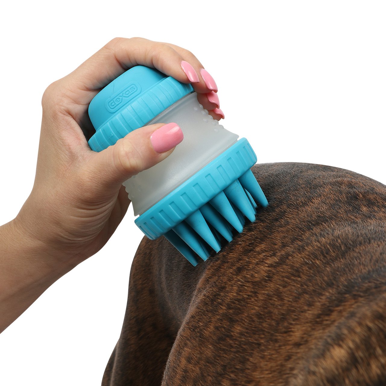 Dexas ScrubBuster Silicone Dog Washing Brush, Built-in Shampoo Reservoir, Blue, One Size, Model PW73022-312