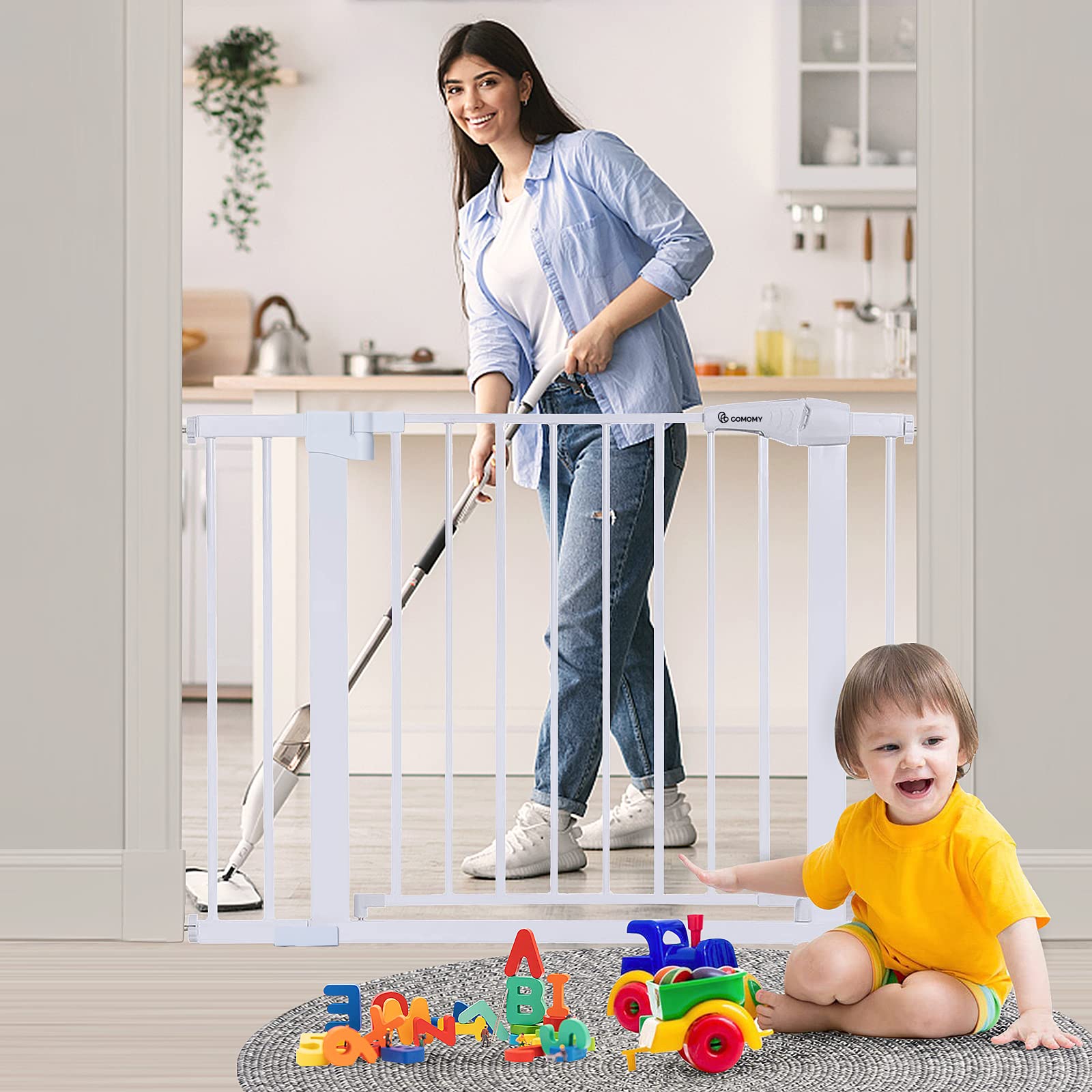 COMOMY 29.5-40.5 Extra Wide Baby Gate, Auto Close Dog Gate for House Doorways Stairs, Pressure Mounted Easy Walk Thru Pet Gate S