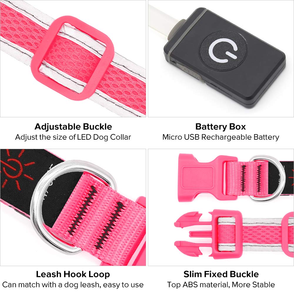 Flashseen Led Dog Collar, Usb Rechargeable Light Up Dog Collar Lights, Adjustable Comfortable Soft Mesh Safety Dog Collar For Small, Medium, Large Dogs(Large, Candy Pink)