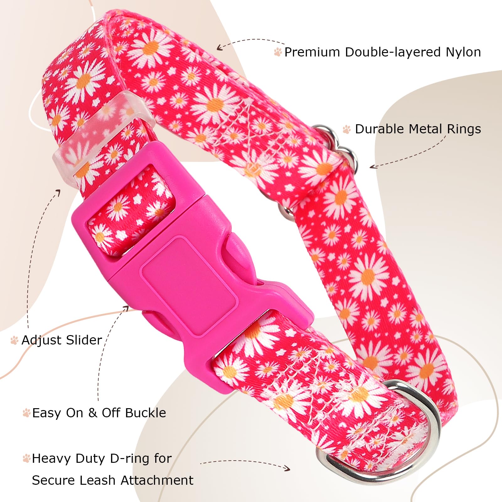 Pink Dog Collars For Small Dogs, Cute Girl Hot Pink Daisy Dog Collar, Adjustable Nylon Comfy Soft Pet Collar With Quick-Release