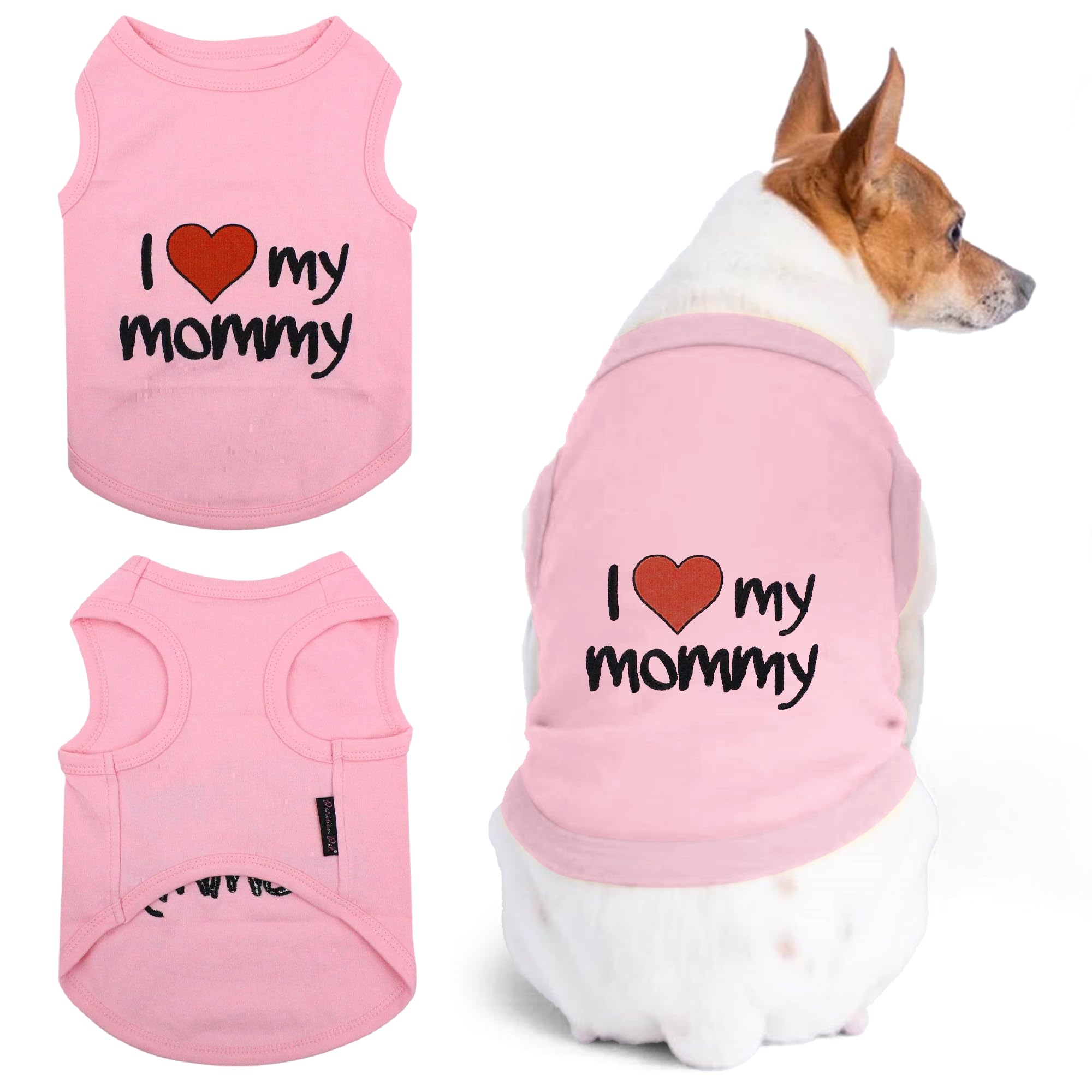 Parisian Pet Dog T-Shirt With Embroidered 'I Love My Mommy' Words - 100% Cotton, Pink Dog Clothes - Breathable Sleeveless Pet Vest - Machine Washable Dog Shirts For Small Dogs, S