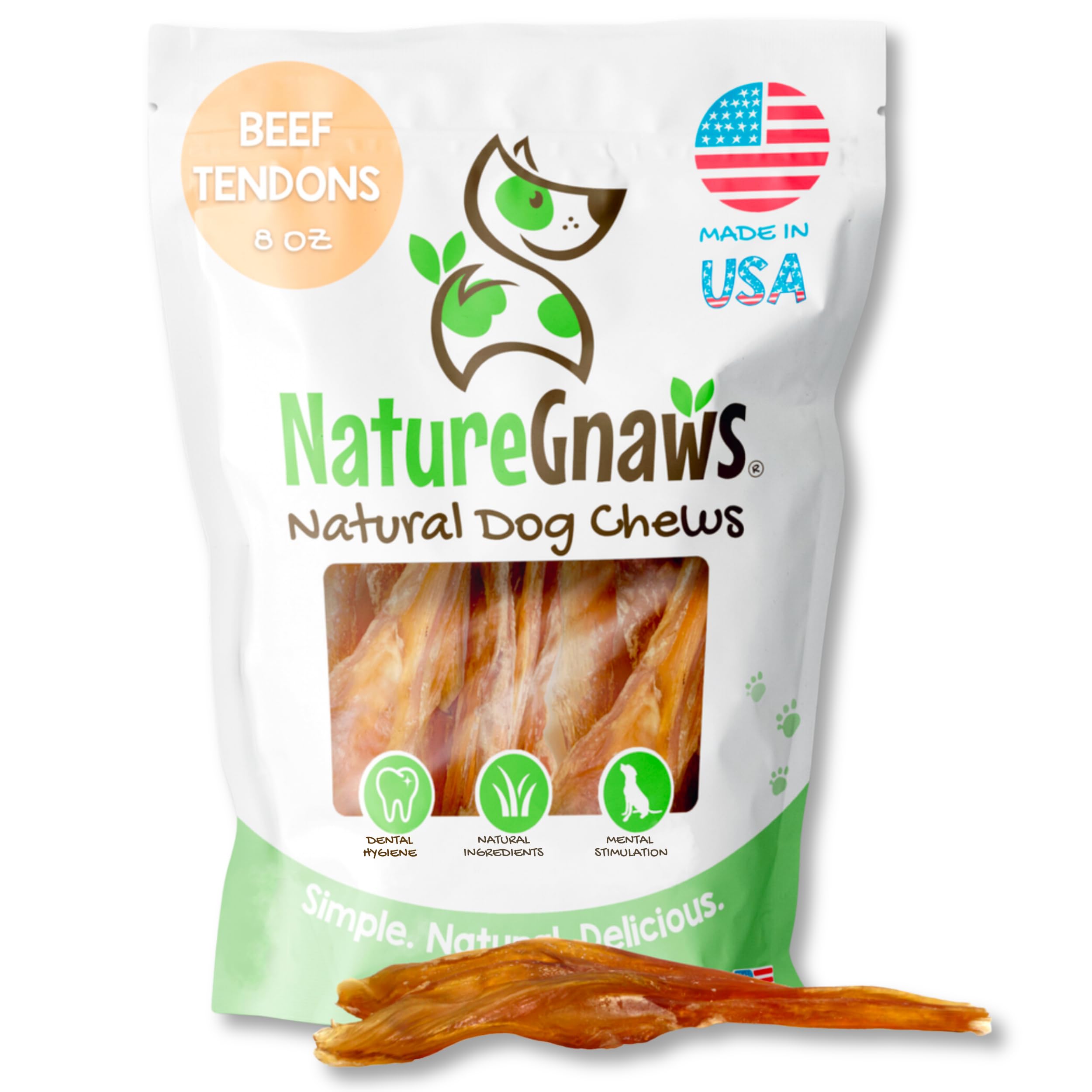 Nature Gnaws USA Beef Tendons for Dogs (8oz) - Mixed Thickness - Long Lasting for Aggressive Chewers - Premium Natural Beef Dog 