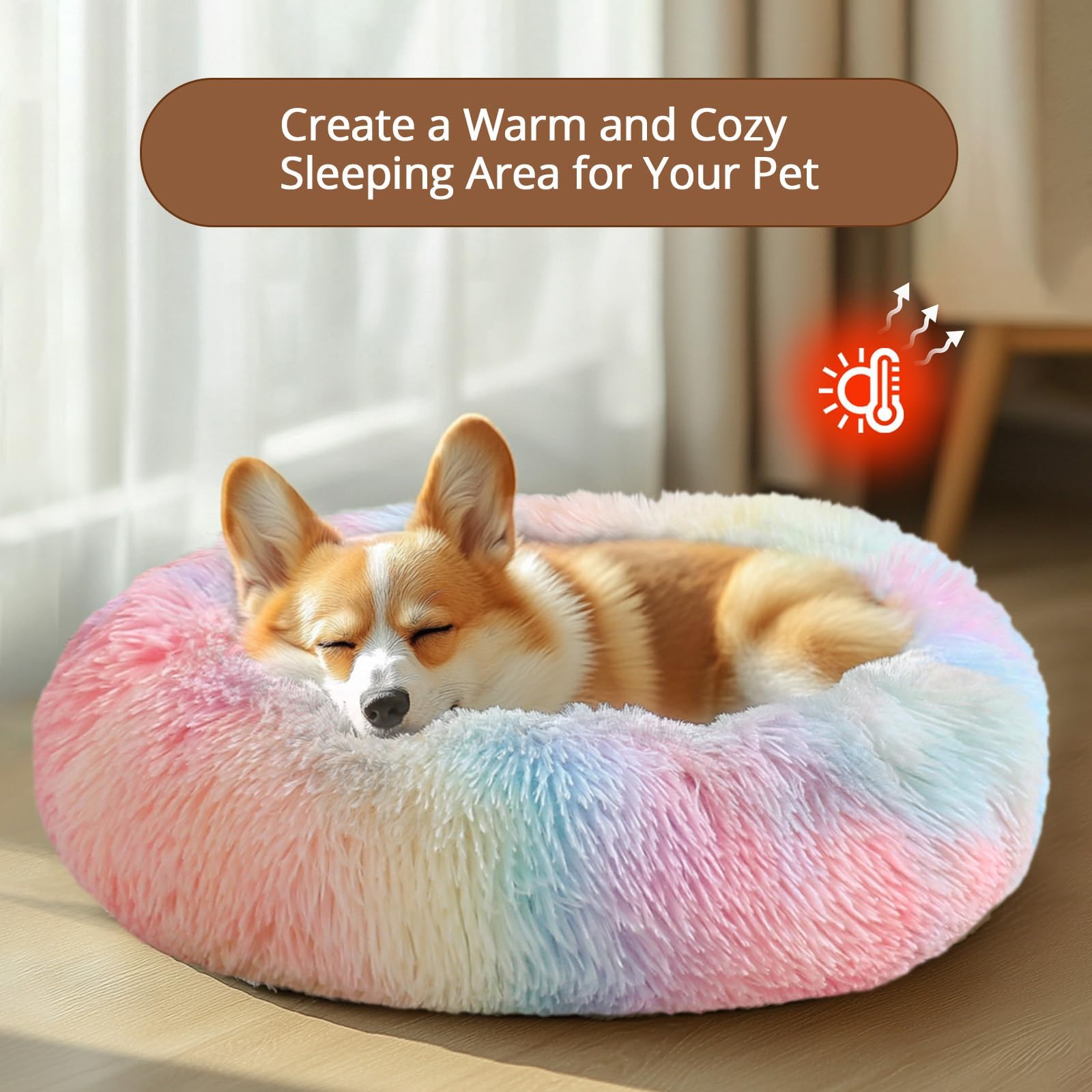 Jollyvogue Medium Calming Dog Bed, Anti-Anxiety Donut Cuddler Cat Bed With Anti-Slip Bottom, Fluffy Faux Fur Machine Washable Pe