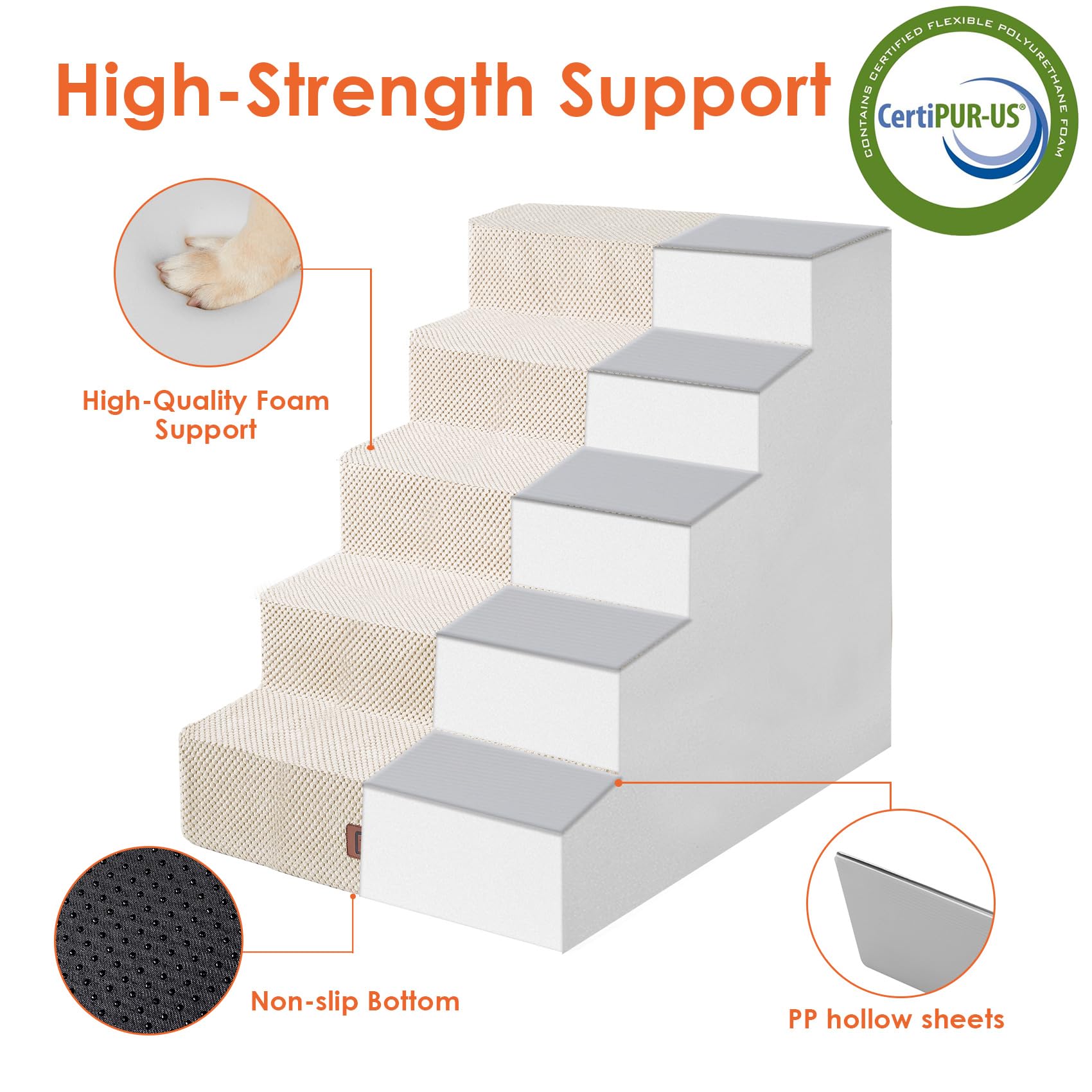 Eheyciga Dog Stairs For High Bed 25”H, 5-Step Extra Wide Dog Steps For Bed, Pet Steps For Small Dogs And Cats, Non-Slip Balanced Dog Indoor Ramp, Beige