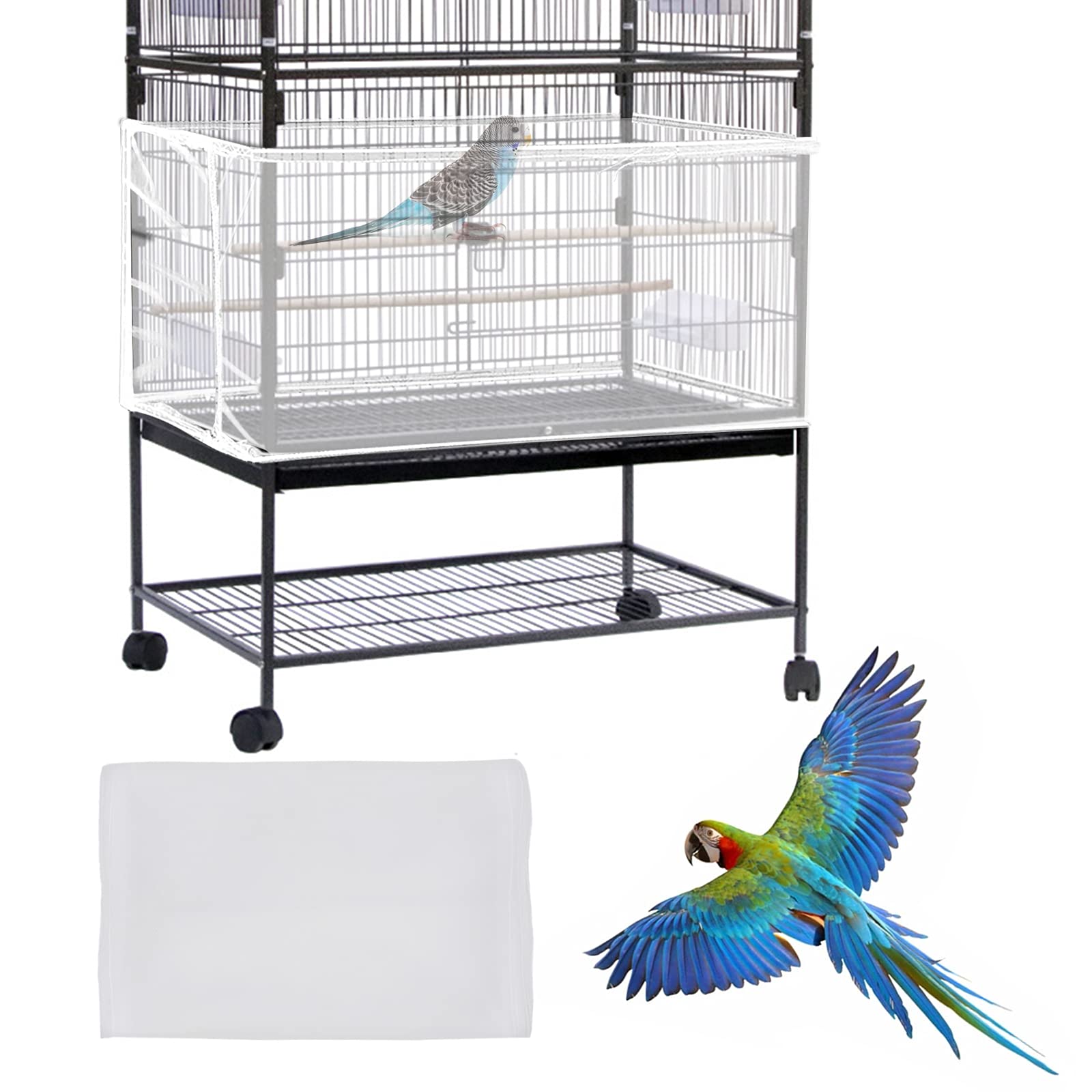 Daoeny Large Bird Cage Cover, Bird Cage Seed Catcher, Adjustable Soft Airy Nylon Mesh Net, Birdcage Cover Skirt Seed Guard For Parrot Parakeet Macaw African Round Square Cages (White)